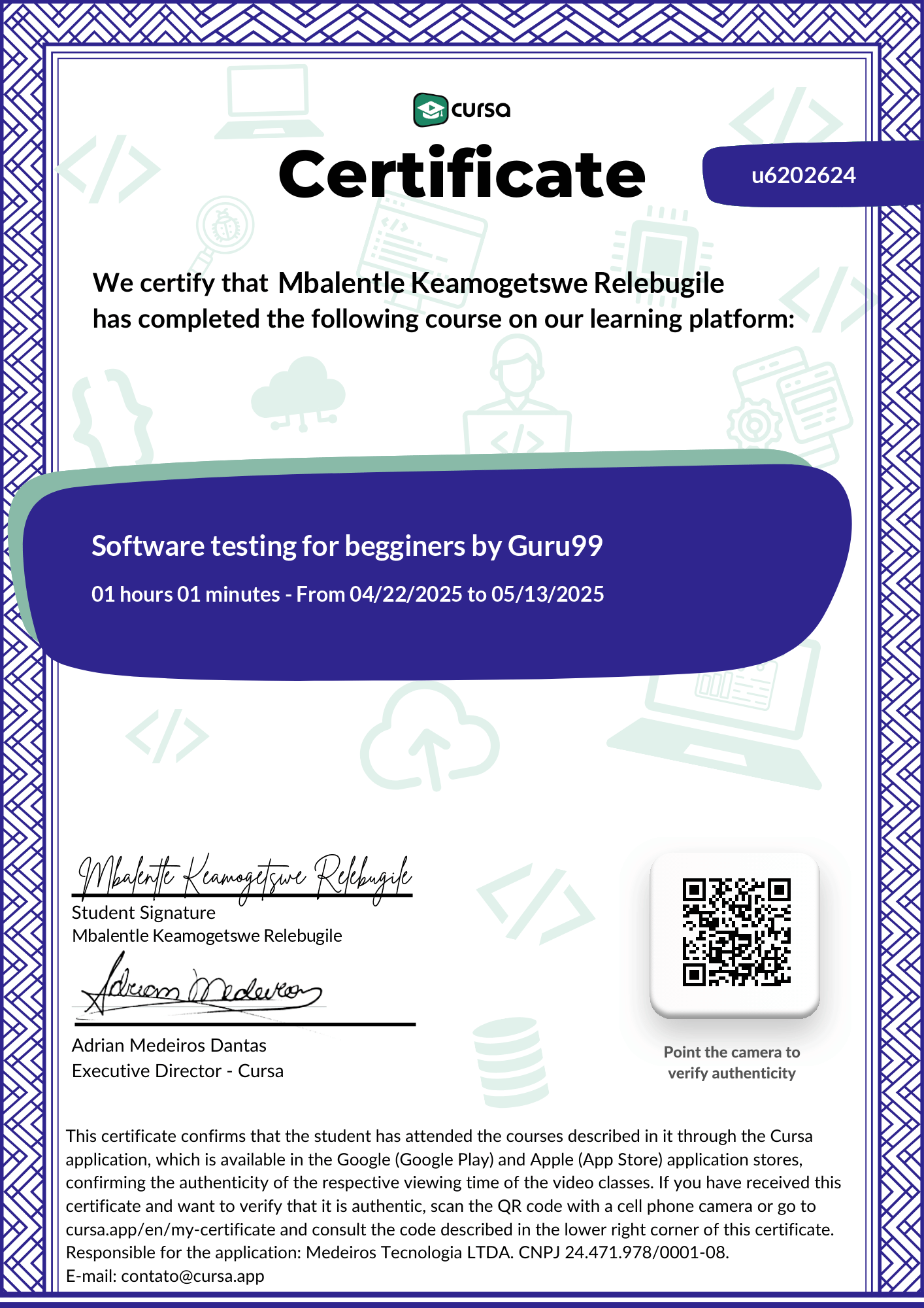 Image of my free Course Completion Certificate.