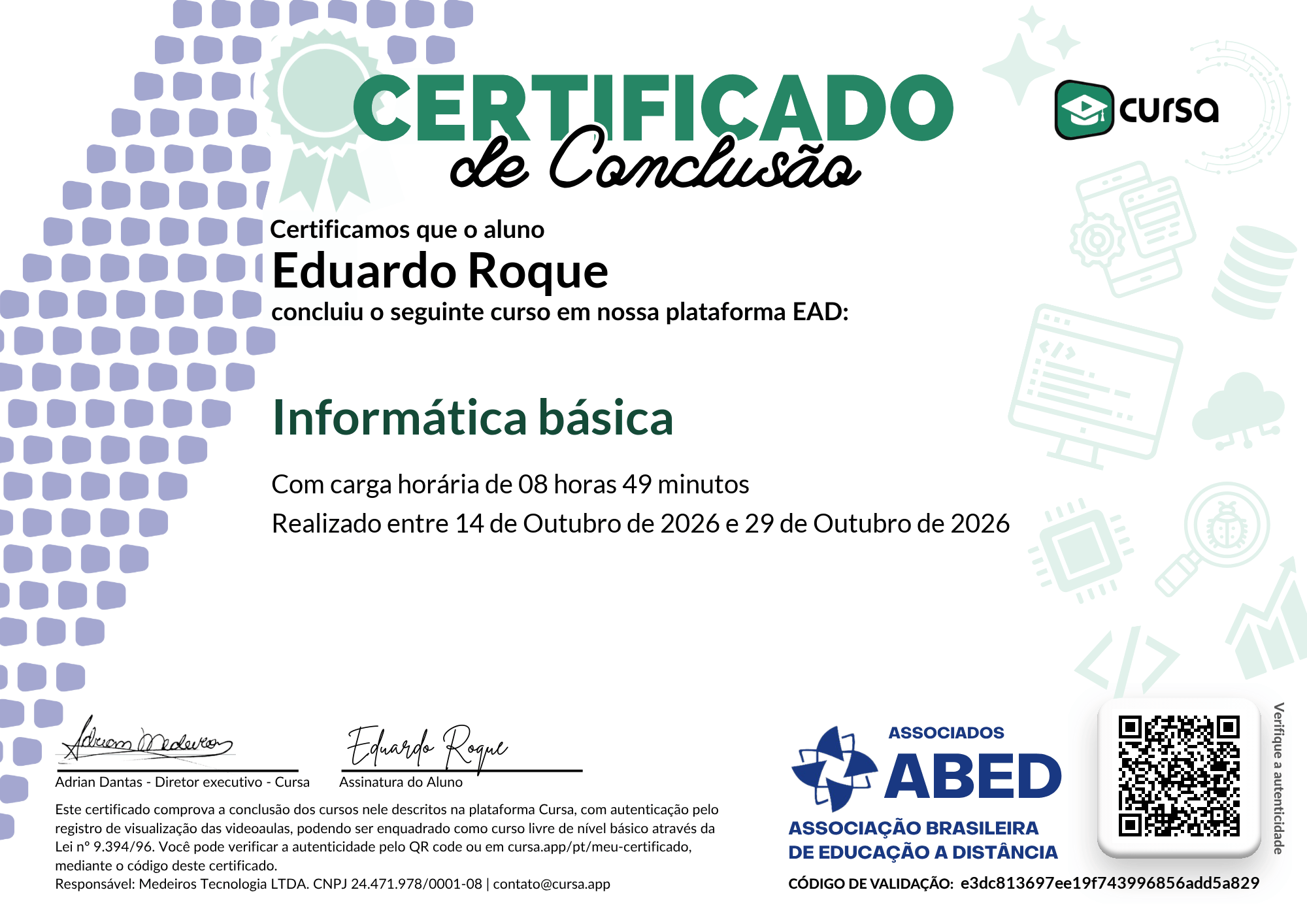 Imagem do meu Certificado gratuito de conclusão de curso.