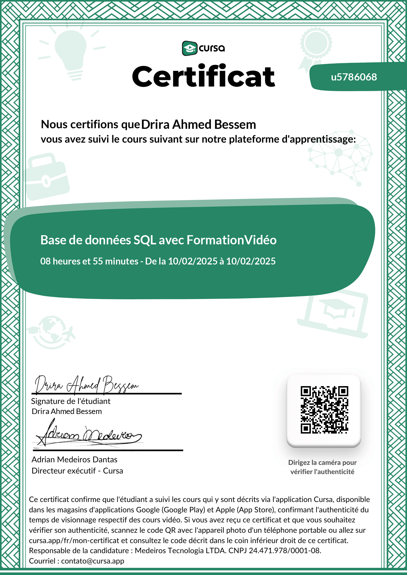 Image de mon certificat de fin de cours gratuit.