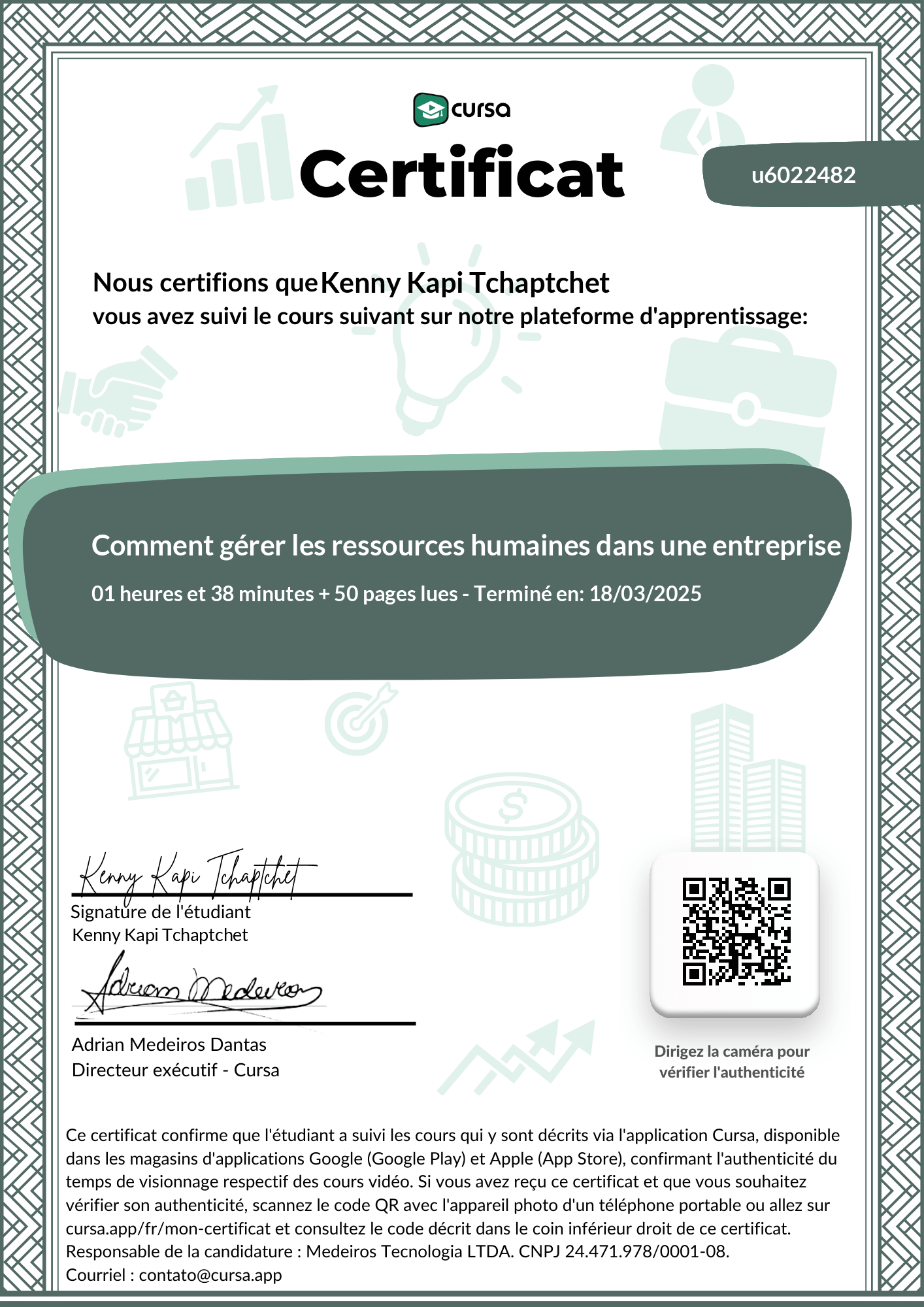 Image de mon certificat de fin de cours gratuit.