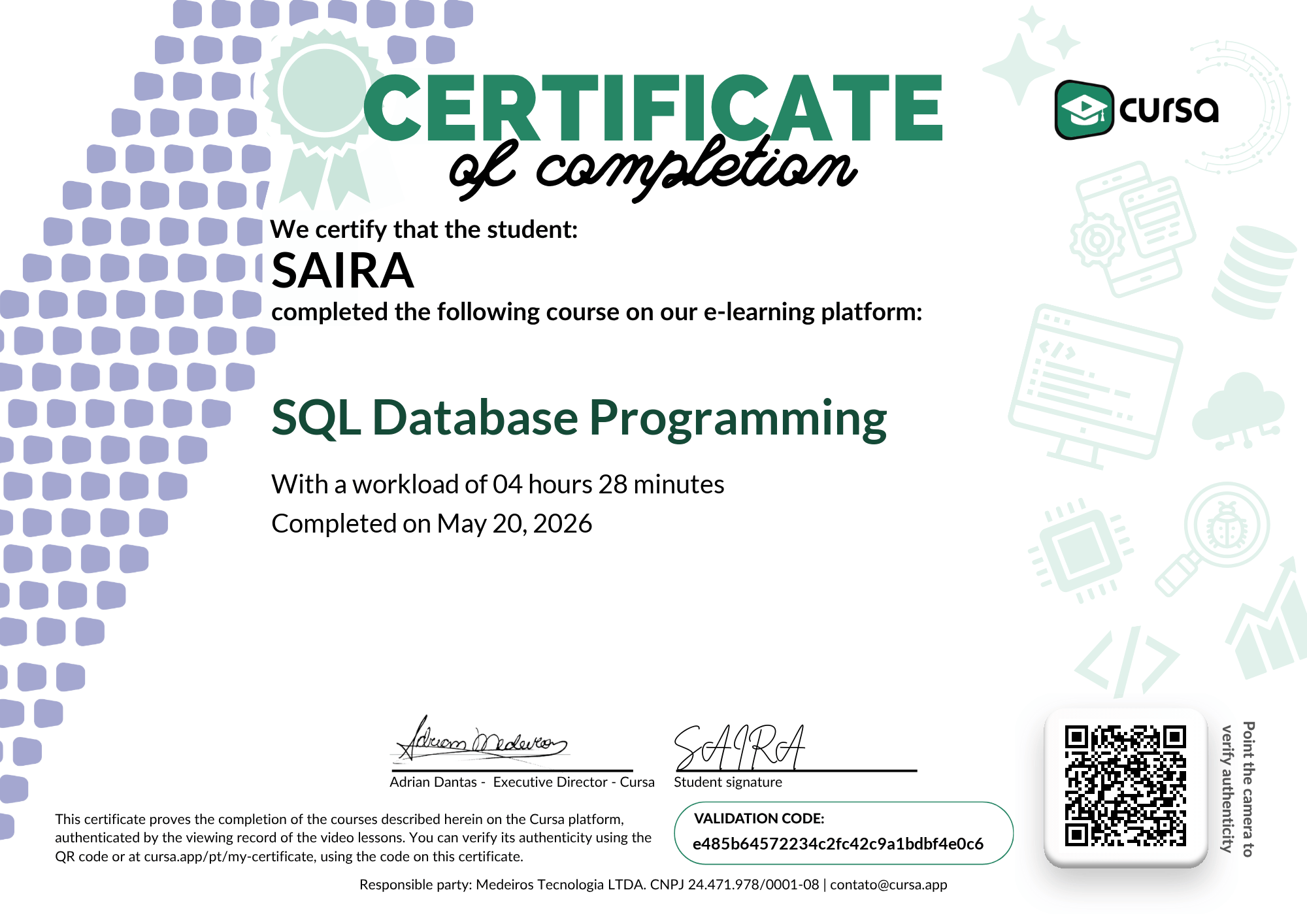 Image of my free Course Completion Certificate.