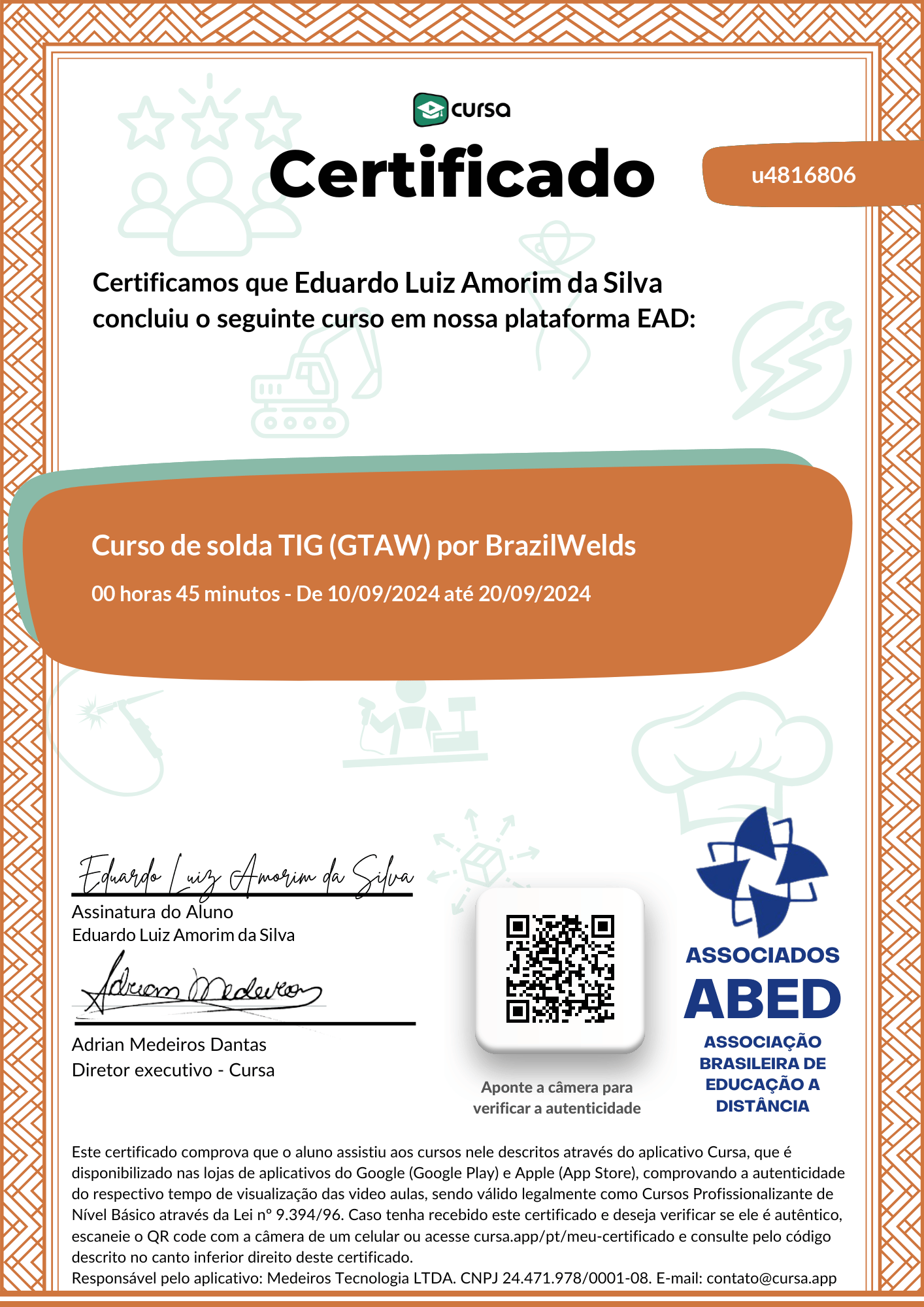 Imagem do meu Certificado gratuito de conclusão de curso.