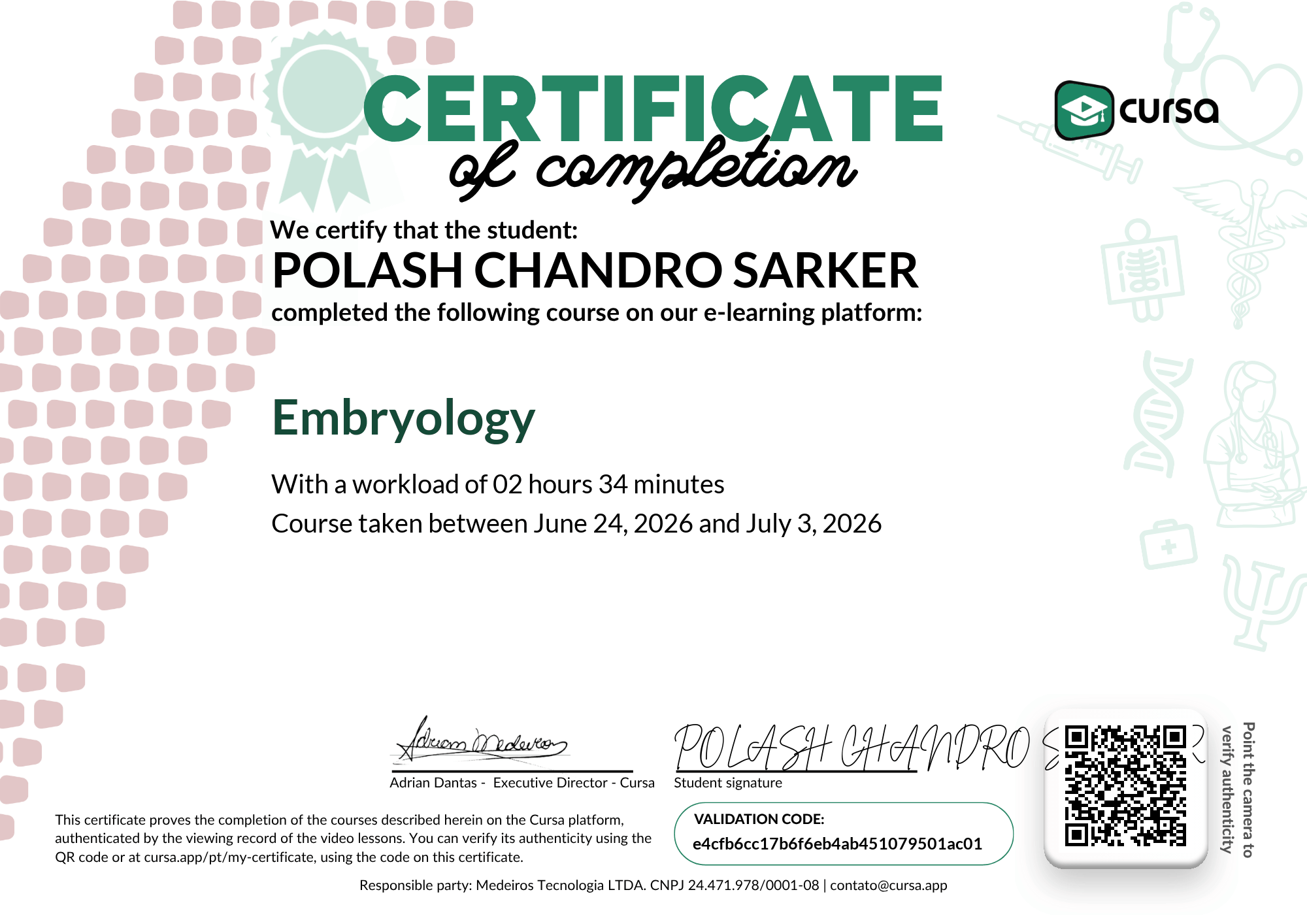 Image of my free Course Completion Certificate.