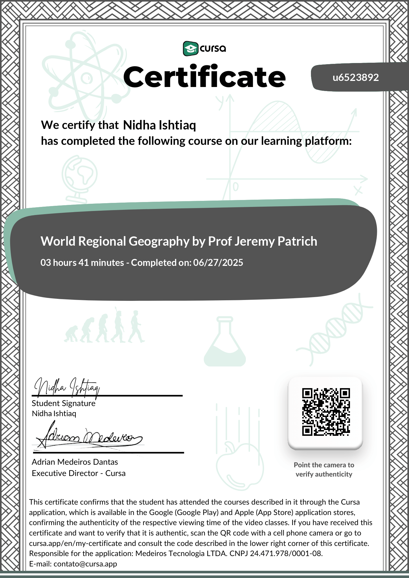 Image of my free Course Completion Certificate.