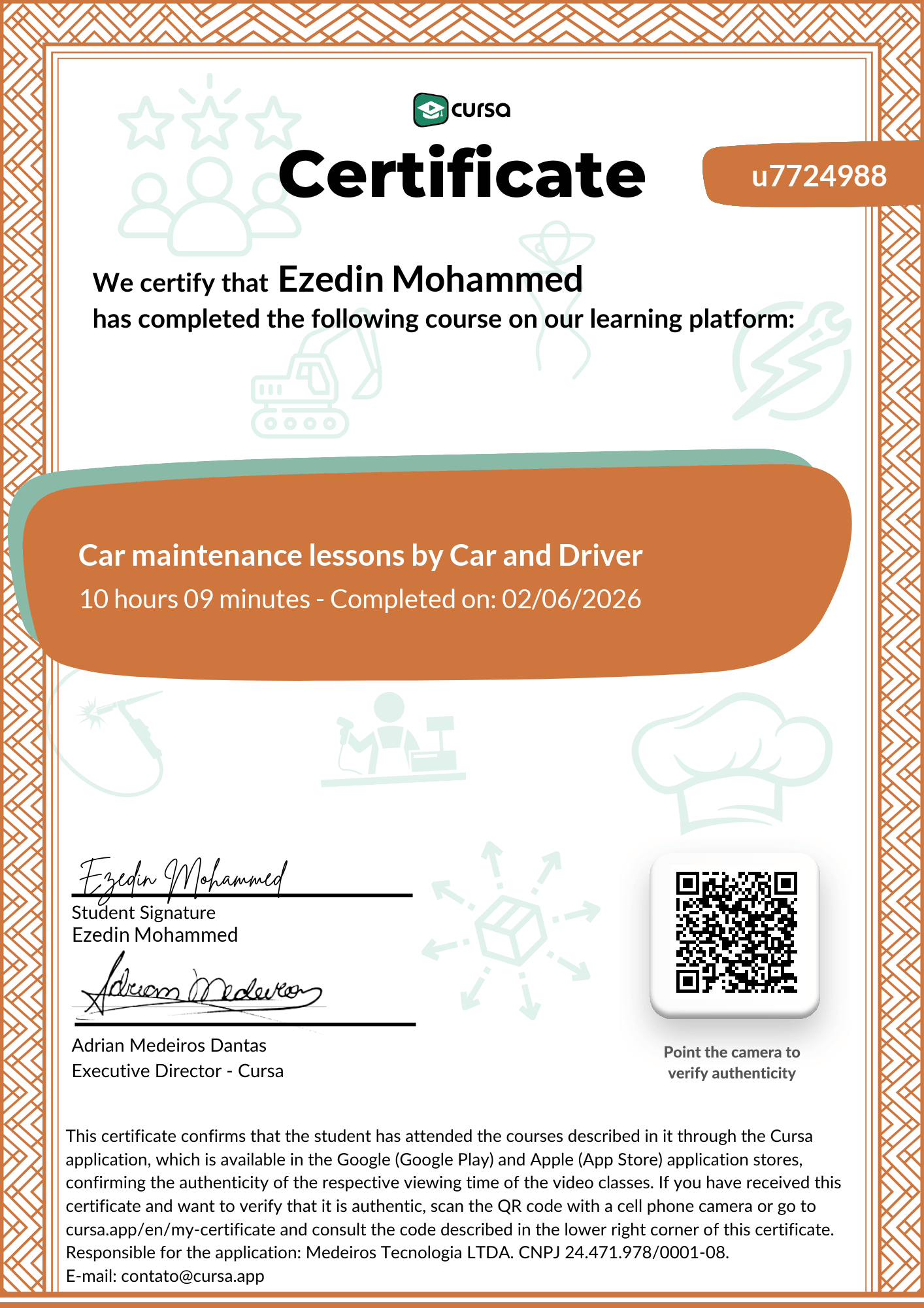 Image of my free Course Completion Certificate.