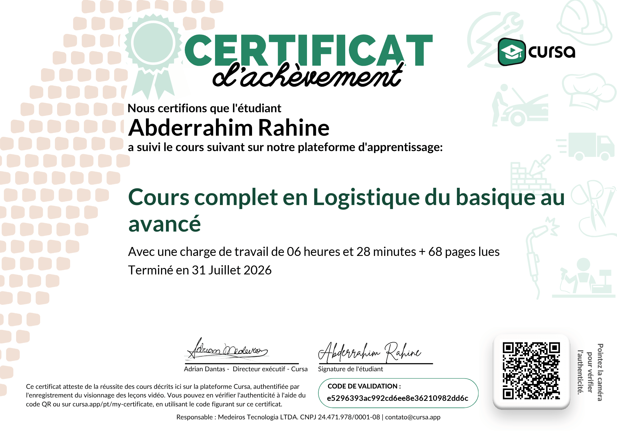 Image de mon certificat de fin de cours gratuit.