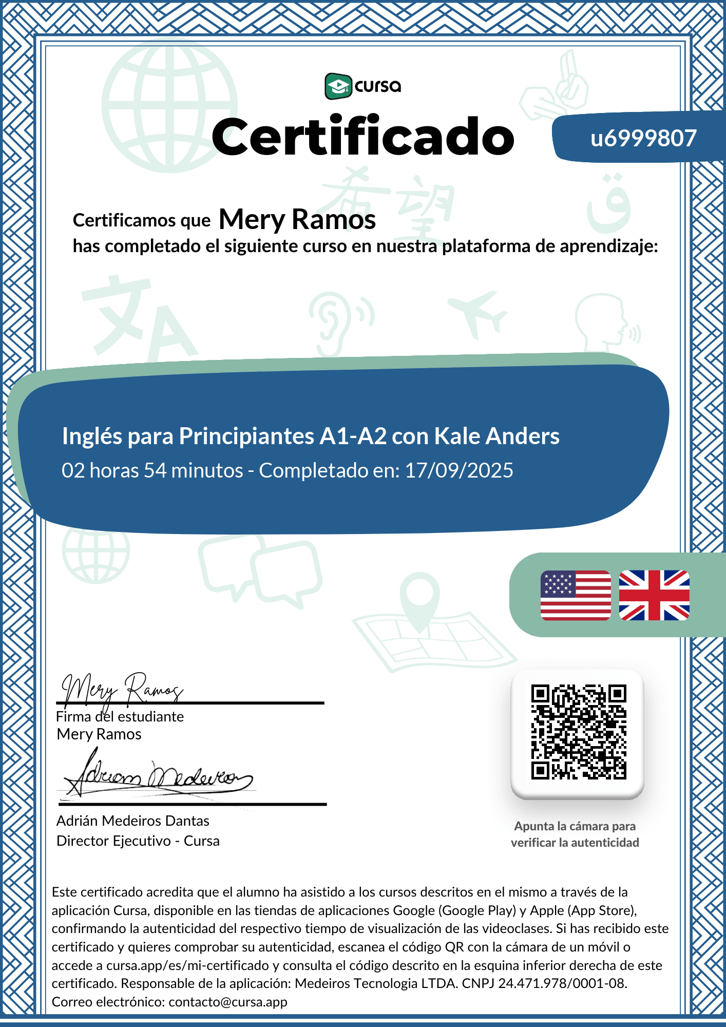 Imagen de mi Certificado de finalización del curso gratuito.