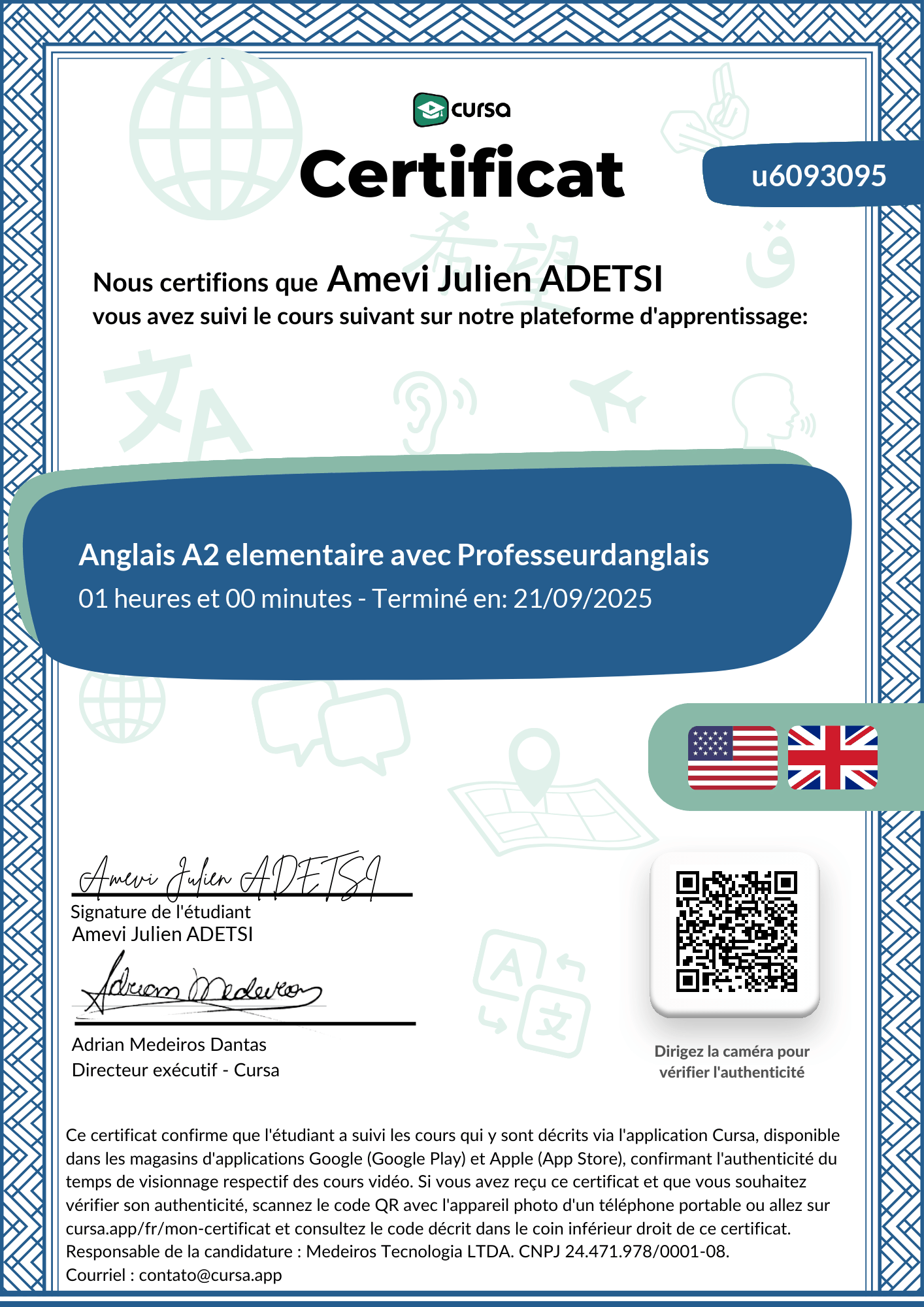 Image de mon certificat de fin de cours gratuit.