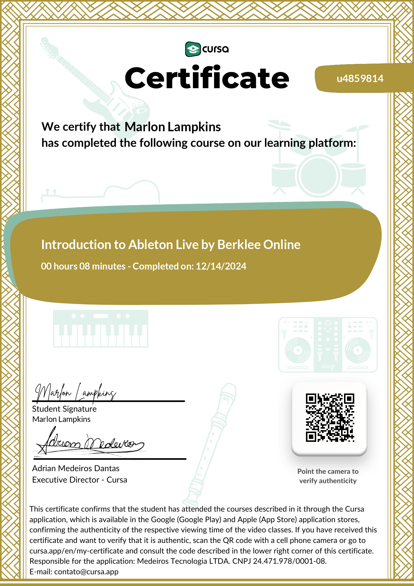 Image of my free Course Completion Certificate.