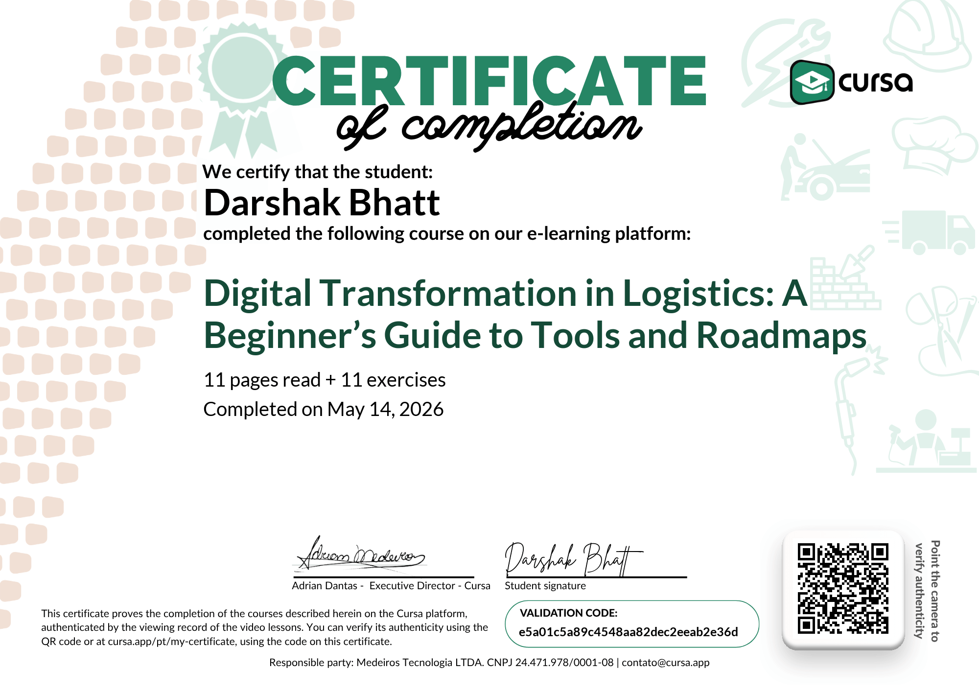 Image of my free Course Completion Certificate.