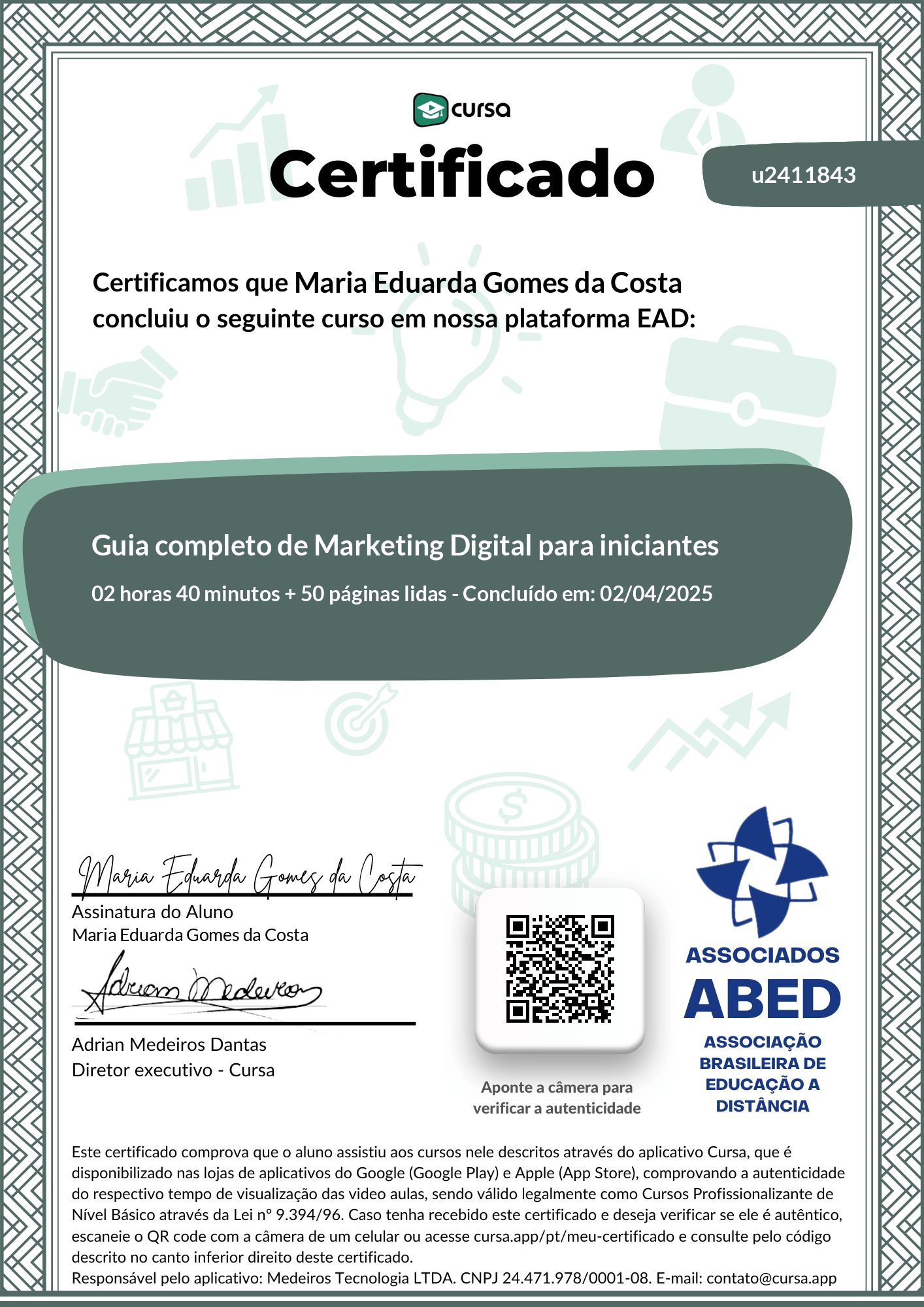 Imagem do meu Certificado gratuito de conclusão de curso.