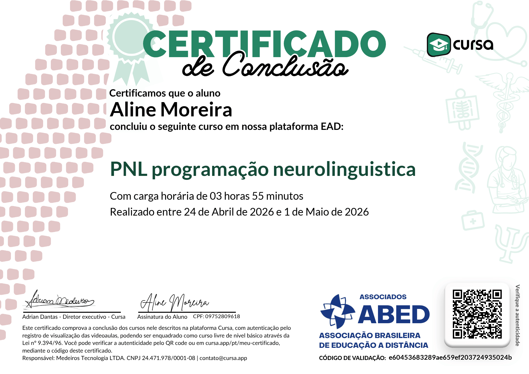 Imagem do meu Certificado gratuito de conclusão de curso.