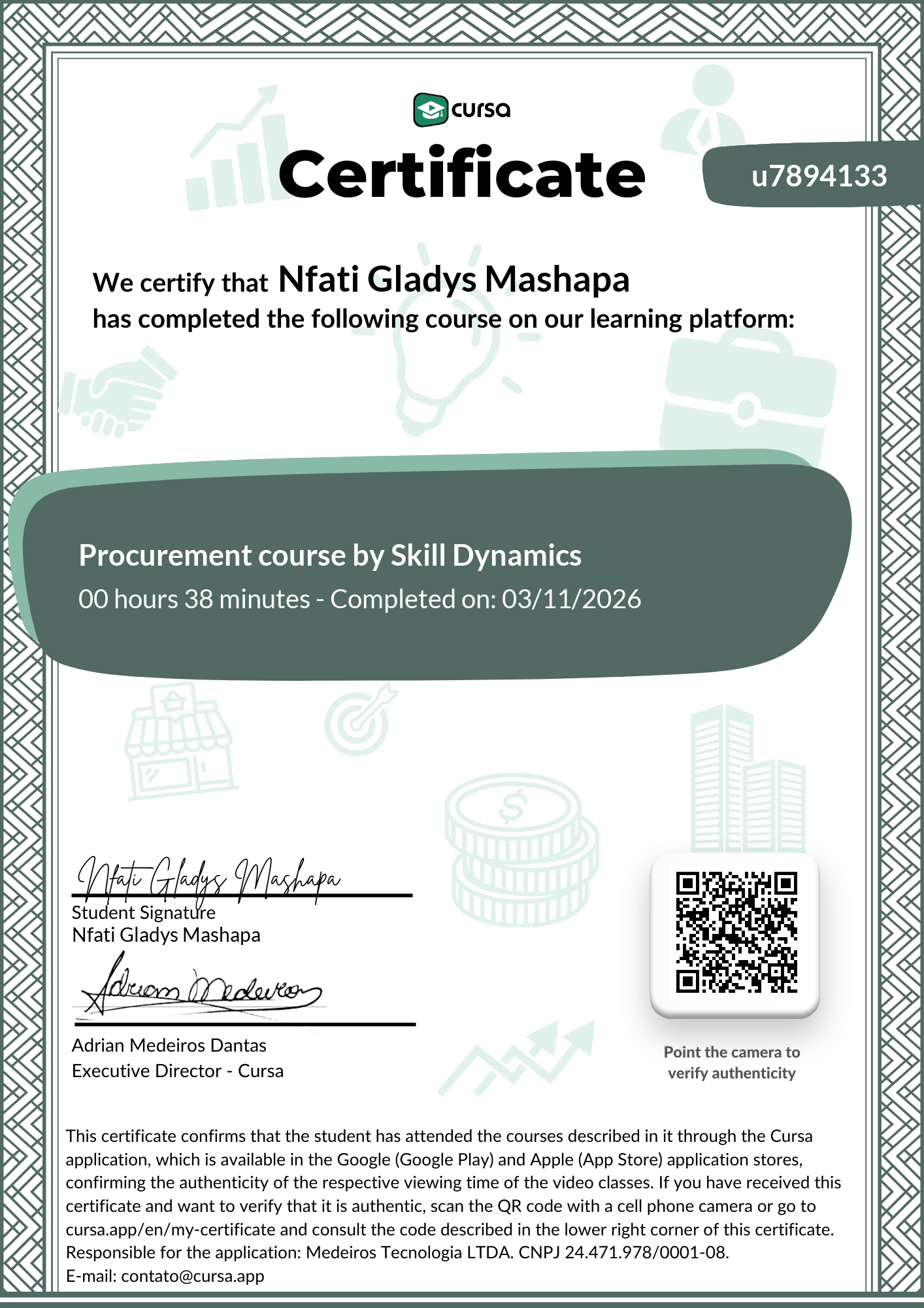 Image of my free Course Completion Certificate.