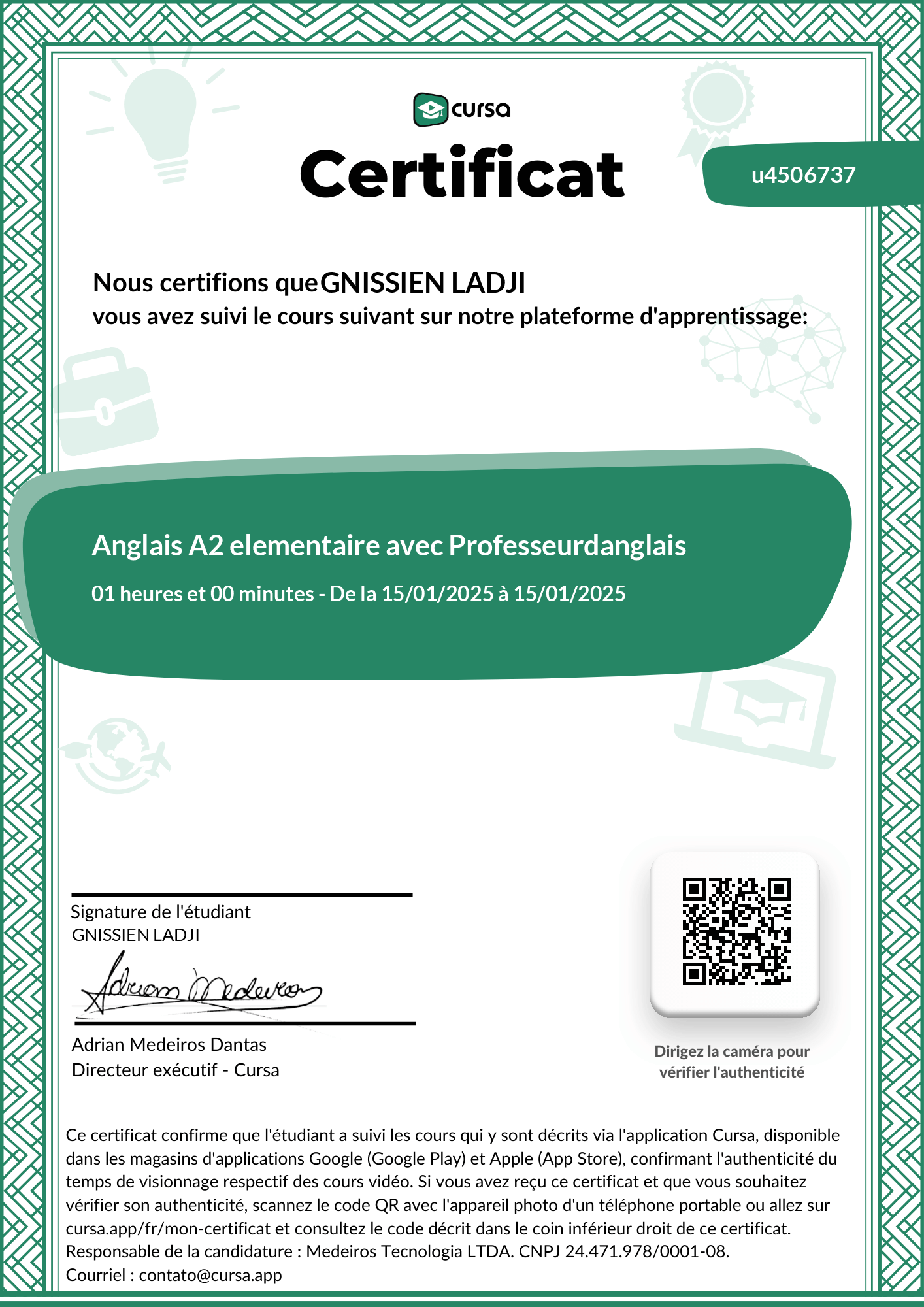 Image de mon certificat de fin de cours gratuit.