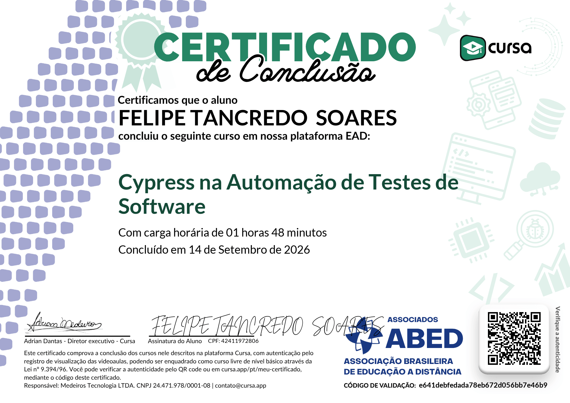 Imagem do meu Certificado gratuito de conclusão de curso.
