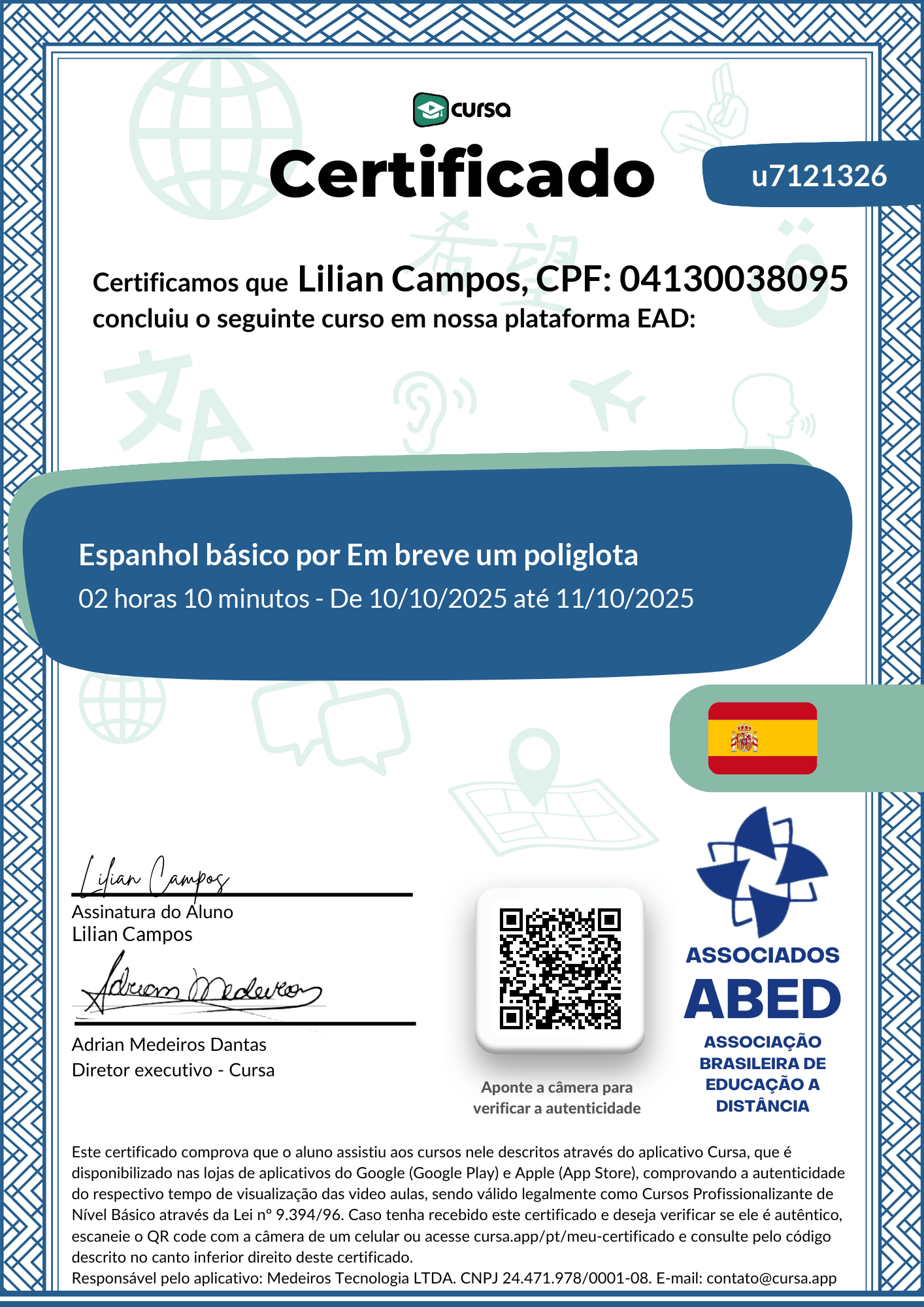 Imagem do meu Certificado gratuito de conclusão de curso.