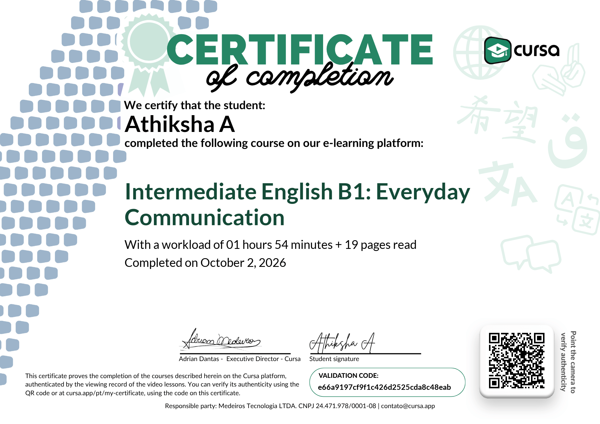 Image of my free Course Completion Certificate.