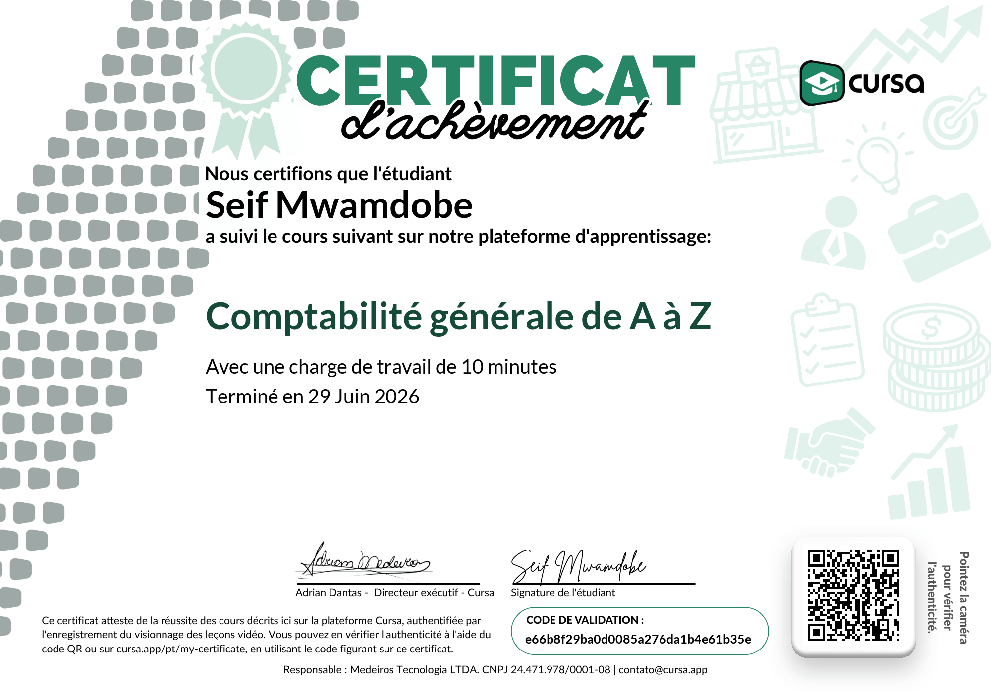 Image de mon certificat de fin de cours gratuit.