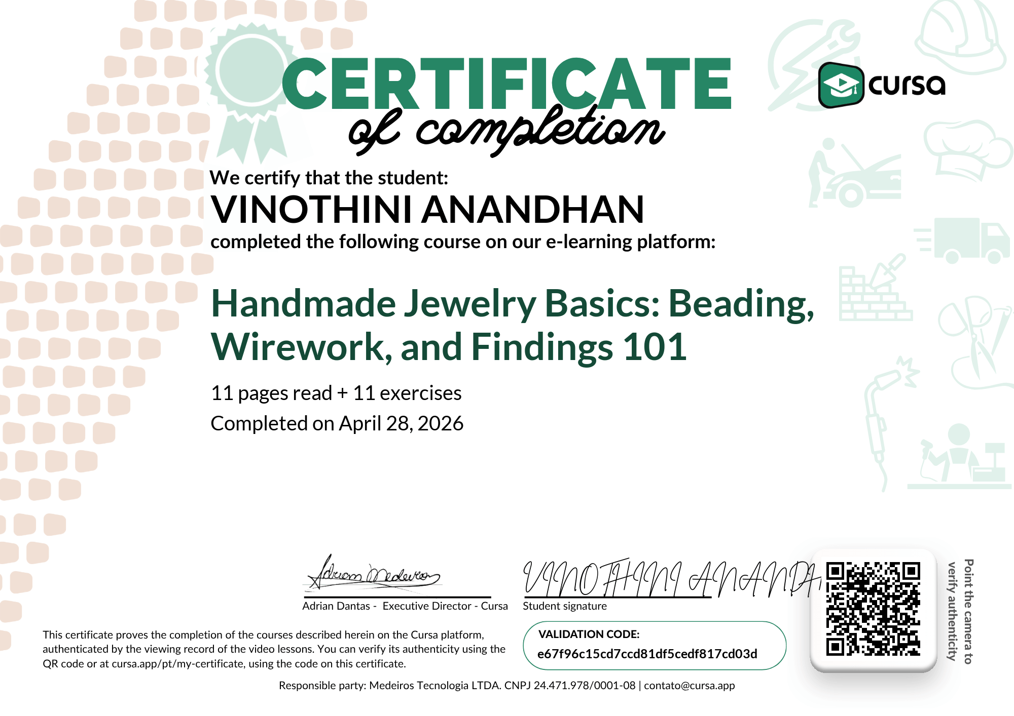 Image of my free Course Completion Certificate.