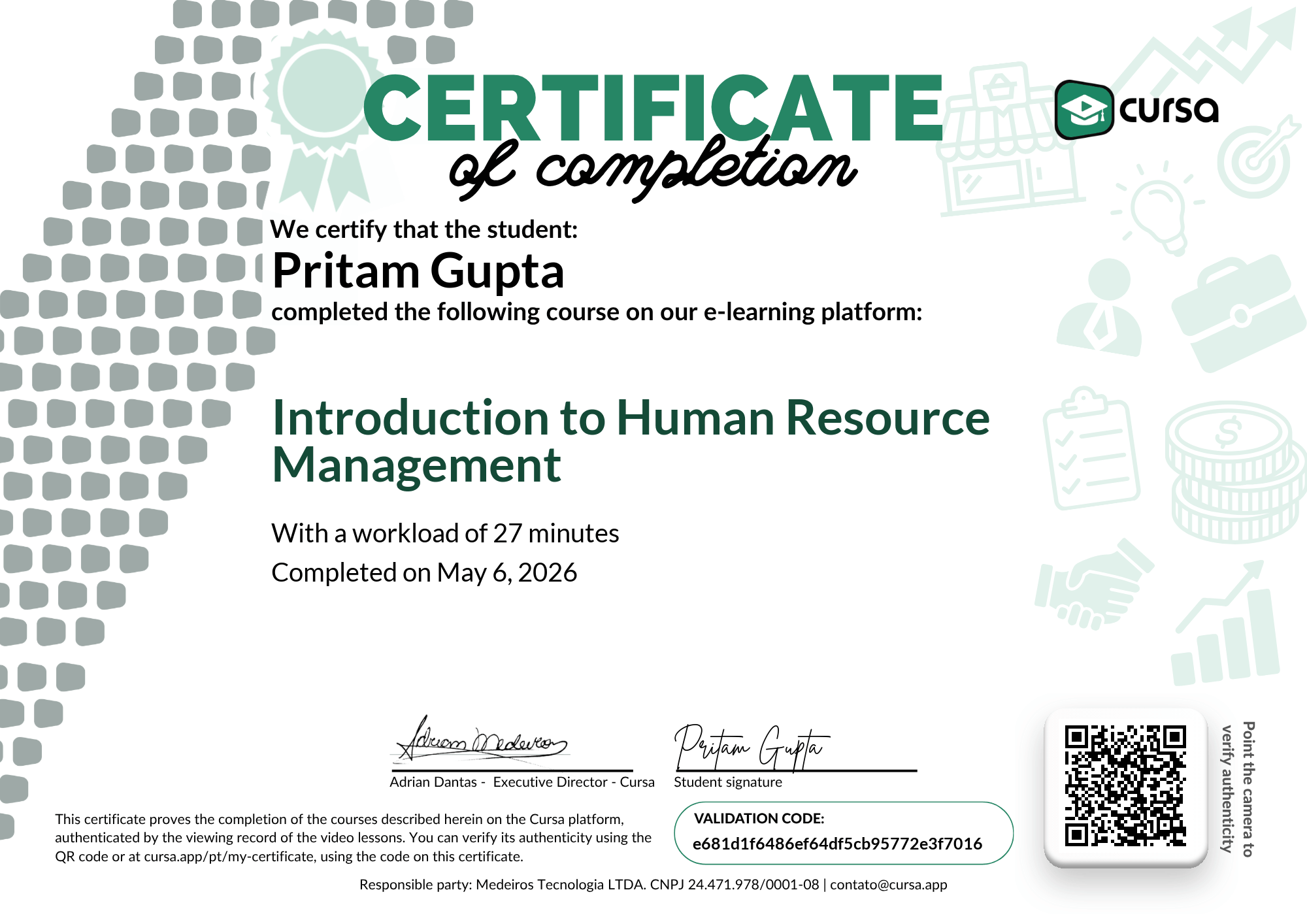 Image of my free Course Completion Certificate.