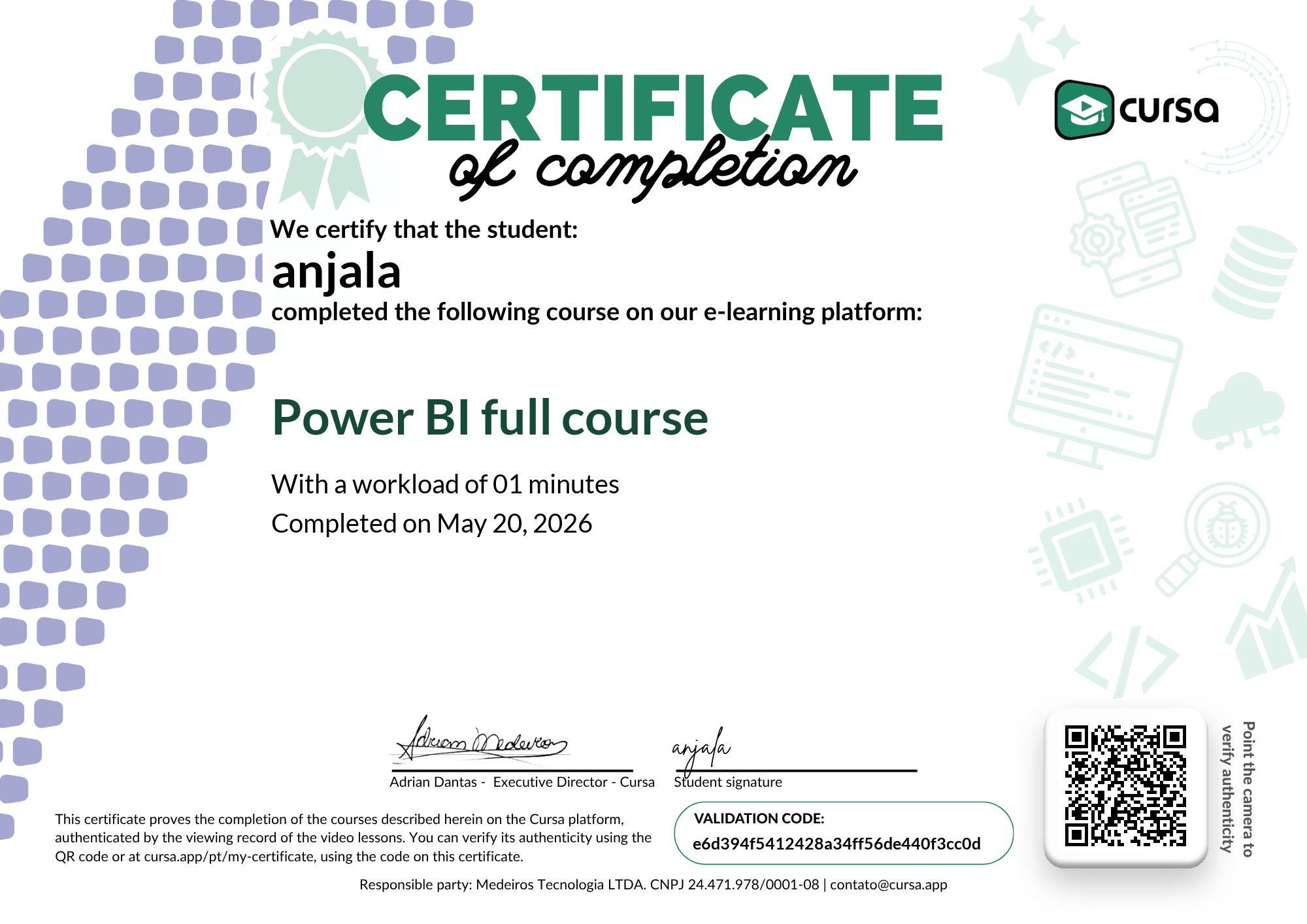 Image of my free Course Completion Certificate.