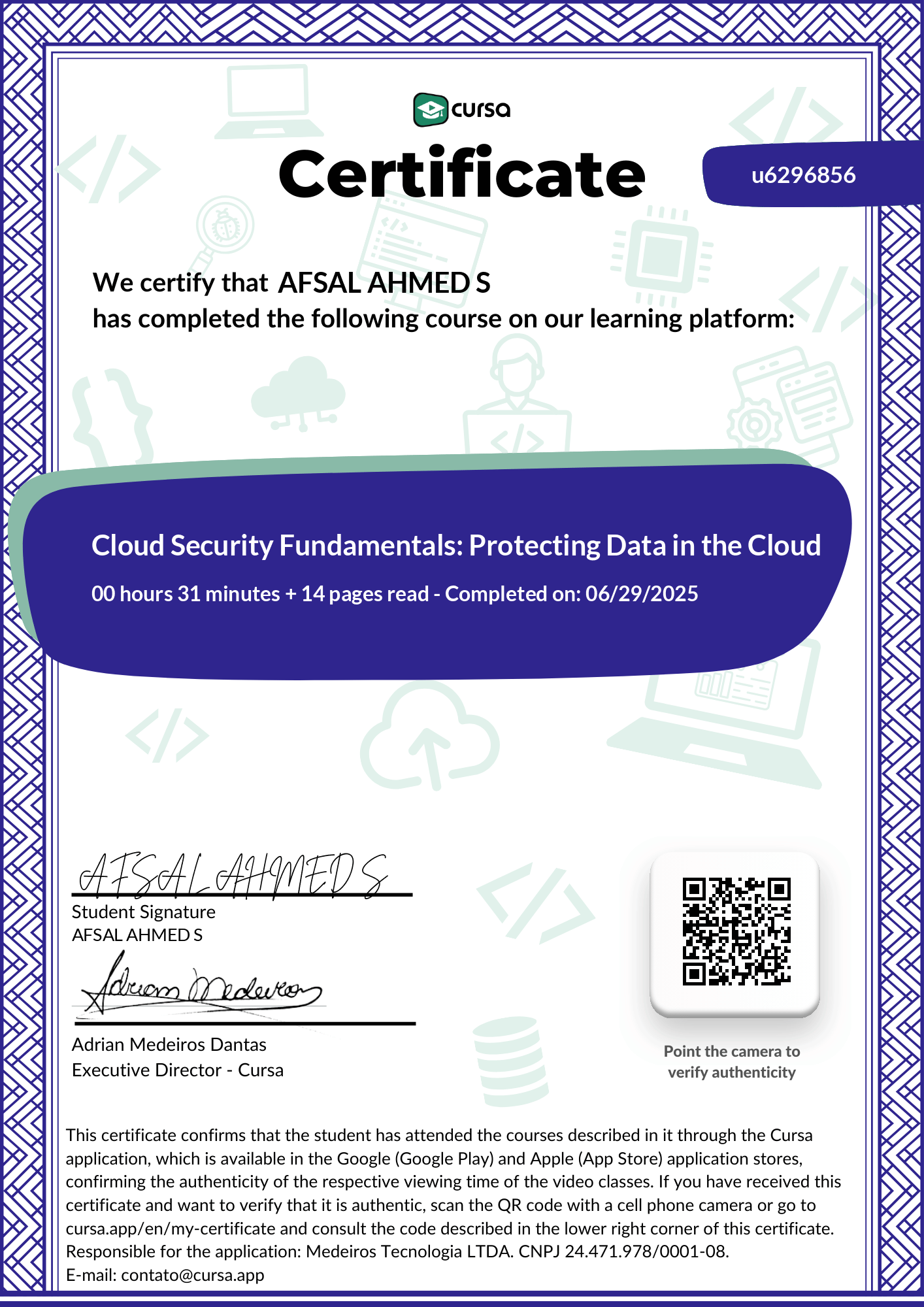 Image of my free Course Completion Certificate.