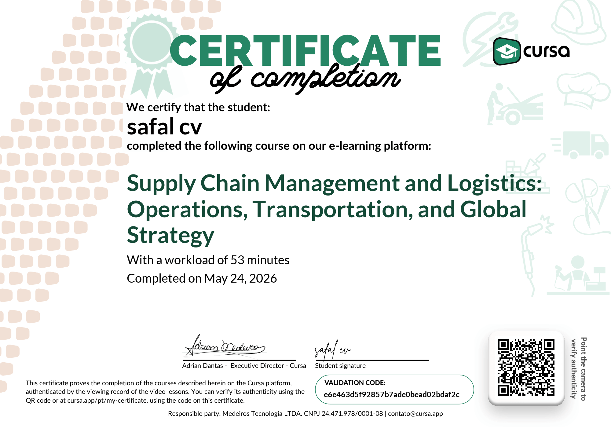 Image of my free Course Completion Certificate.