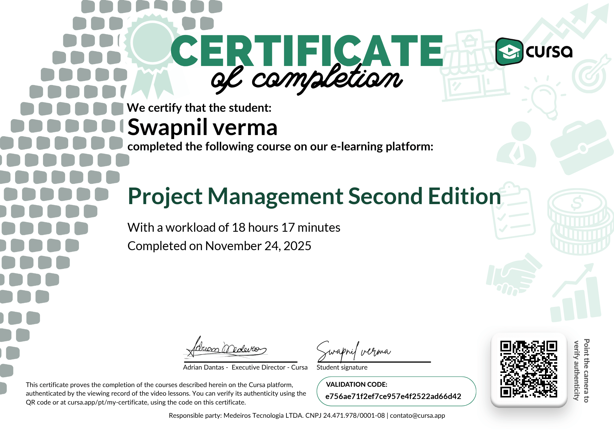 Image of my free Course Completion Certificate.