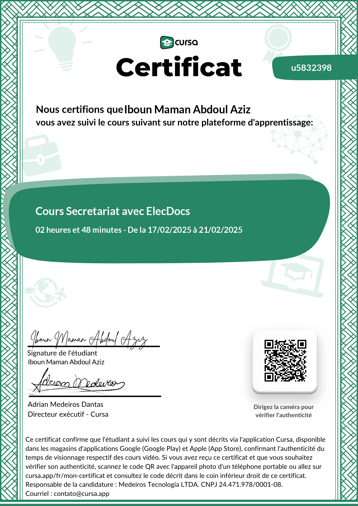 Image de mon certificat de fin de cours gratuit.