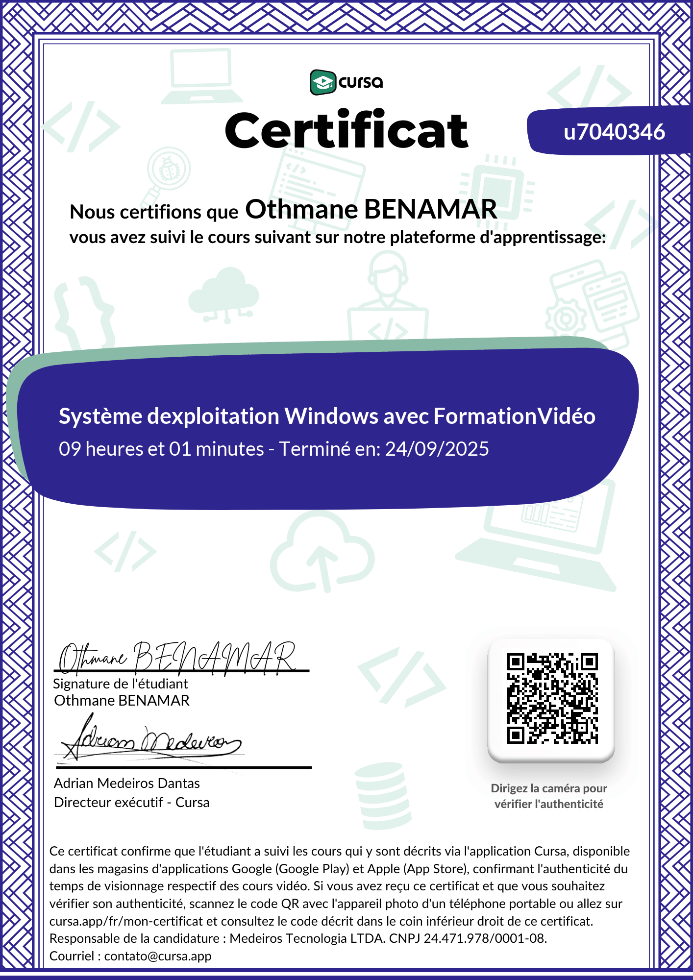 Image de mon certificat de fin de cours gratuit.