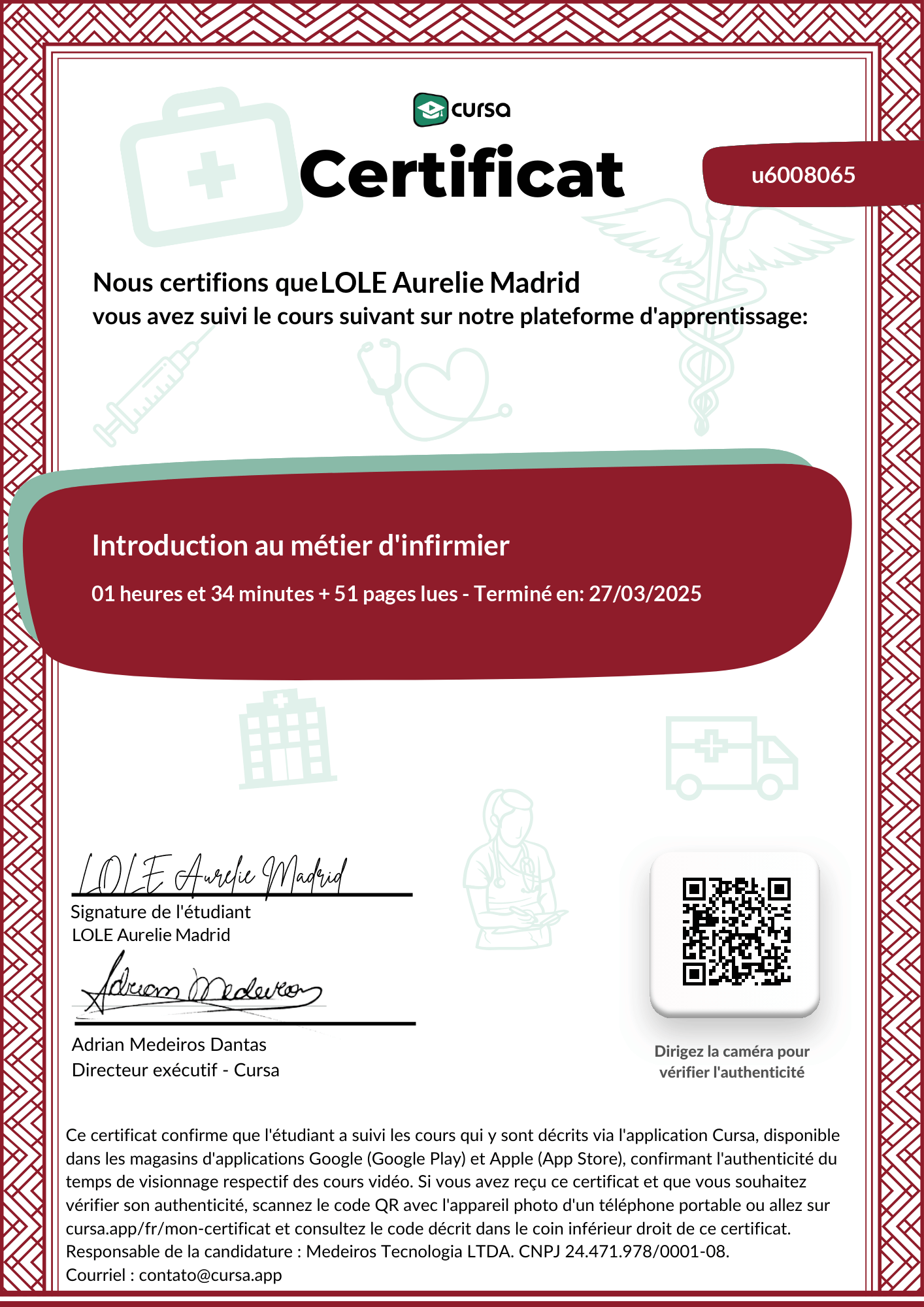 Image de mon certificat de fin de cours gratuit.