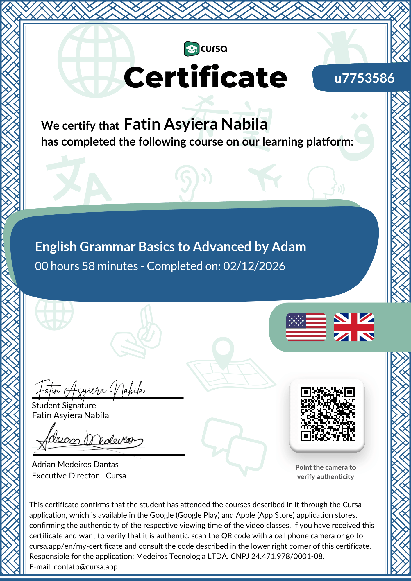 Image of my free Course Completion Certificate.