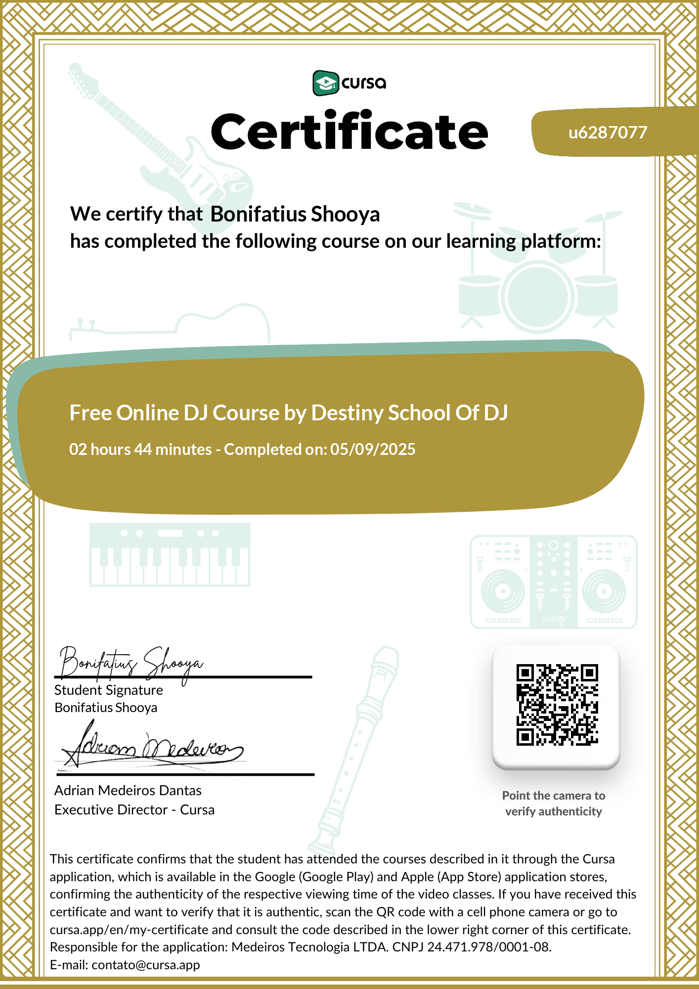 Image of my free Course Completion Certificate.
