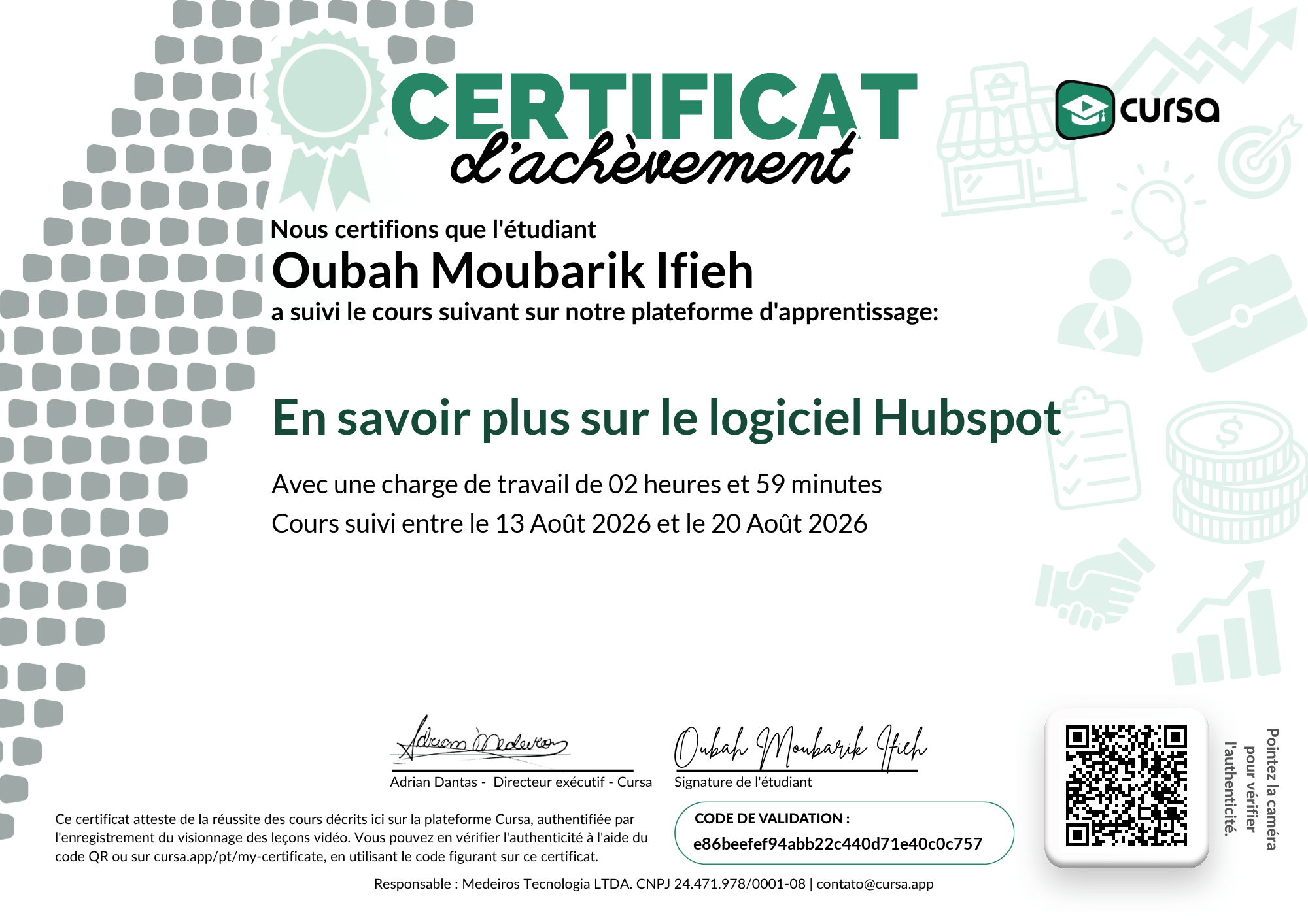 Image de mon certificat de fin de cours gratuit.