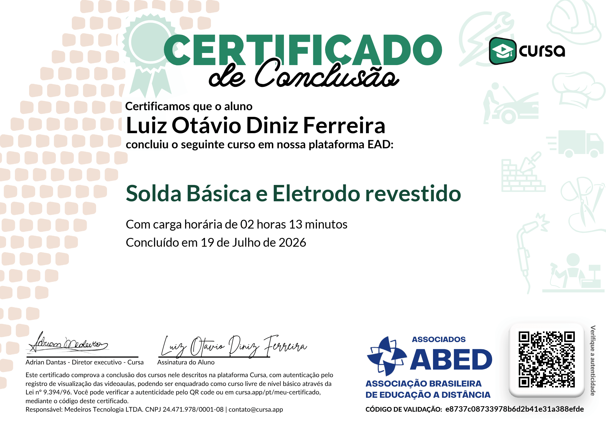 Imagem do meu Certificado gratuito de conclusão de curso.