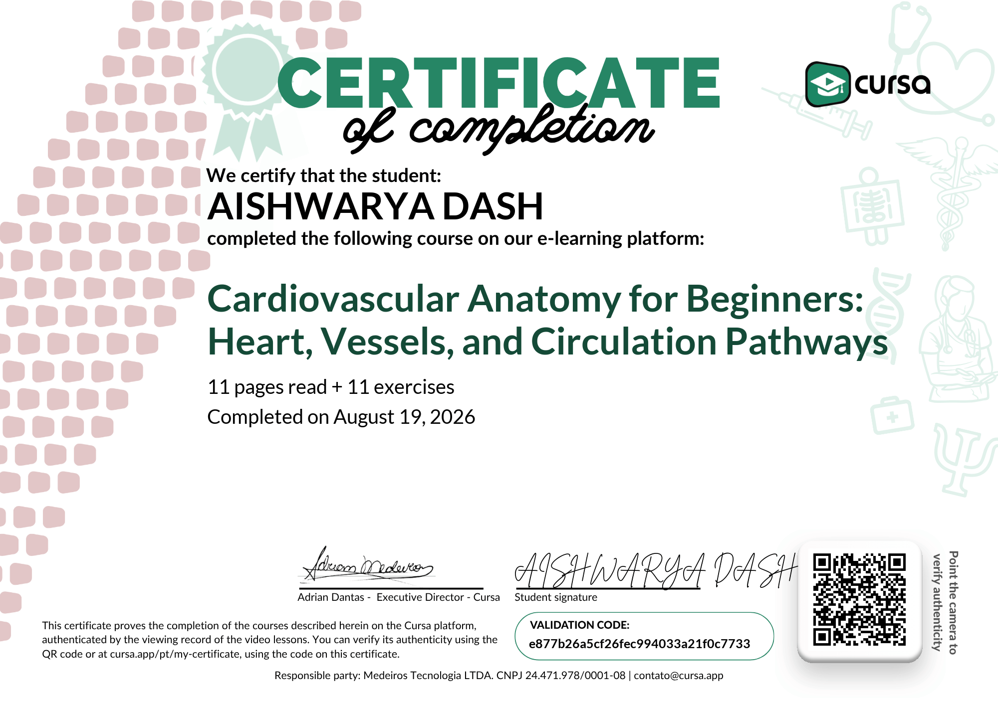 Image of my free Course Completion Certificate.