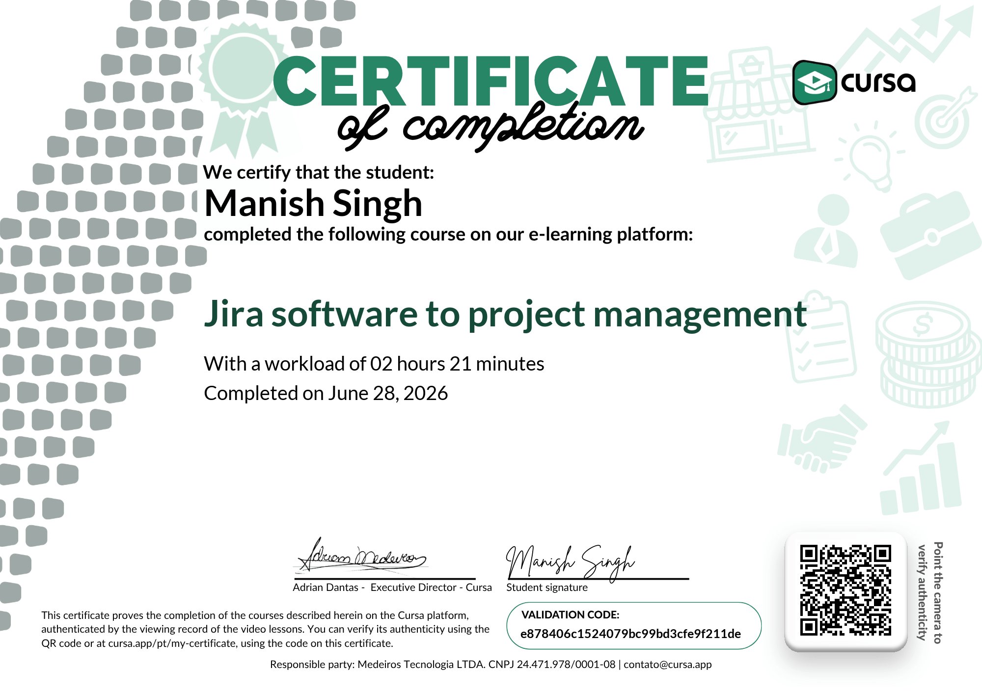 Image of my free Course Completion Certificate.