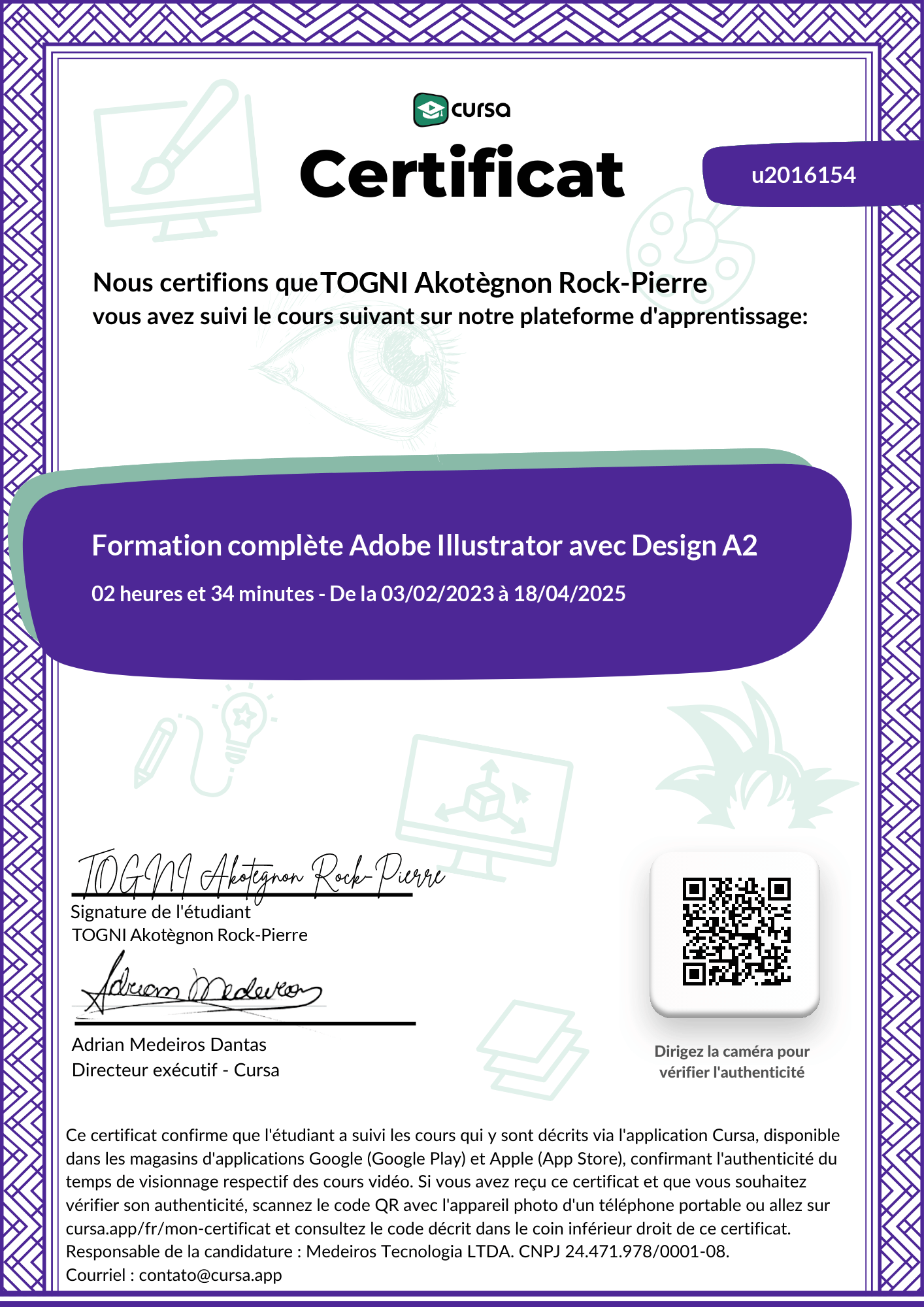 Image de mon certificat de fin de cours gratuit.