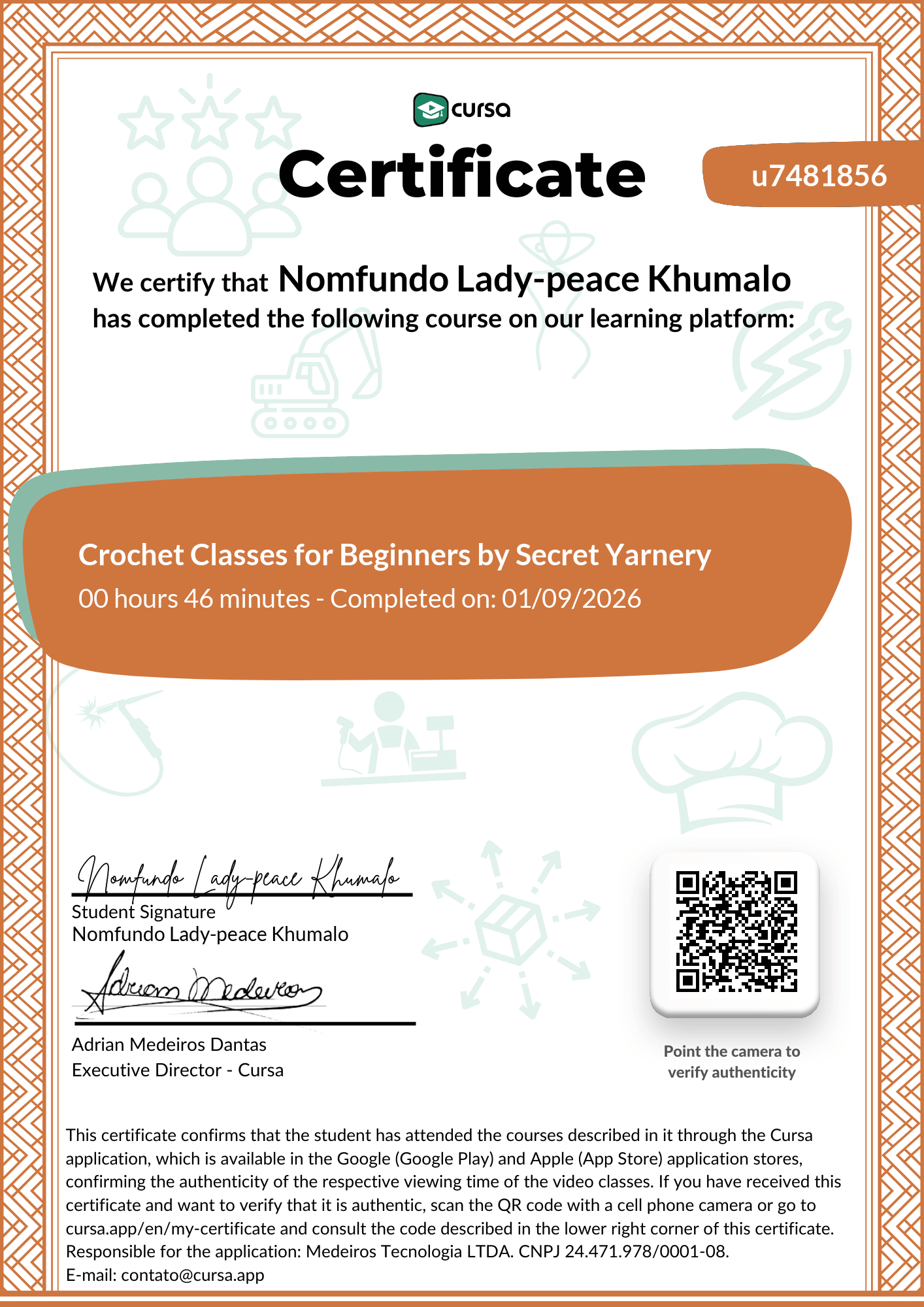 Image of my free Course Completion Certificate.