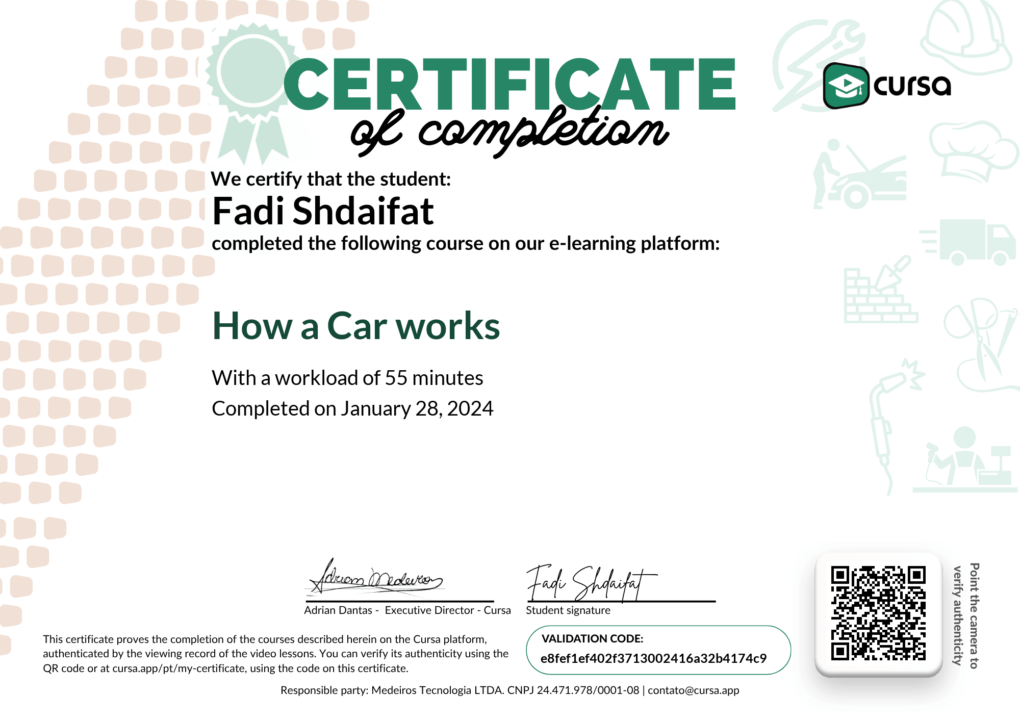 Image of my free Course Completion Certificate.