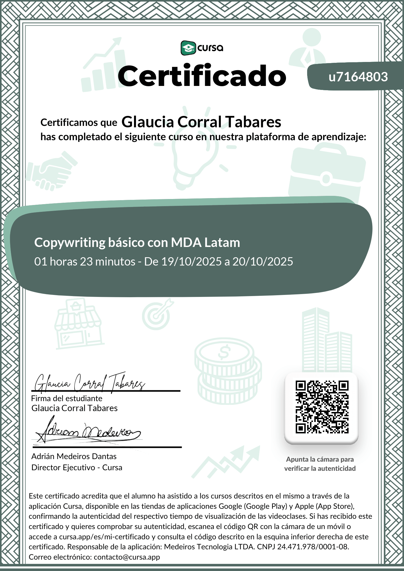 Imagen de mi Certificado de finalización del curso gratuito.