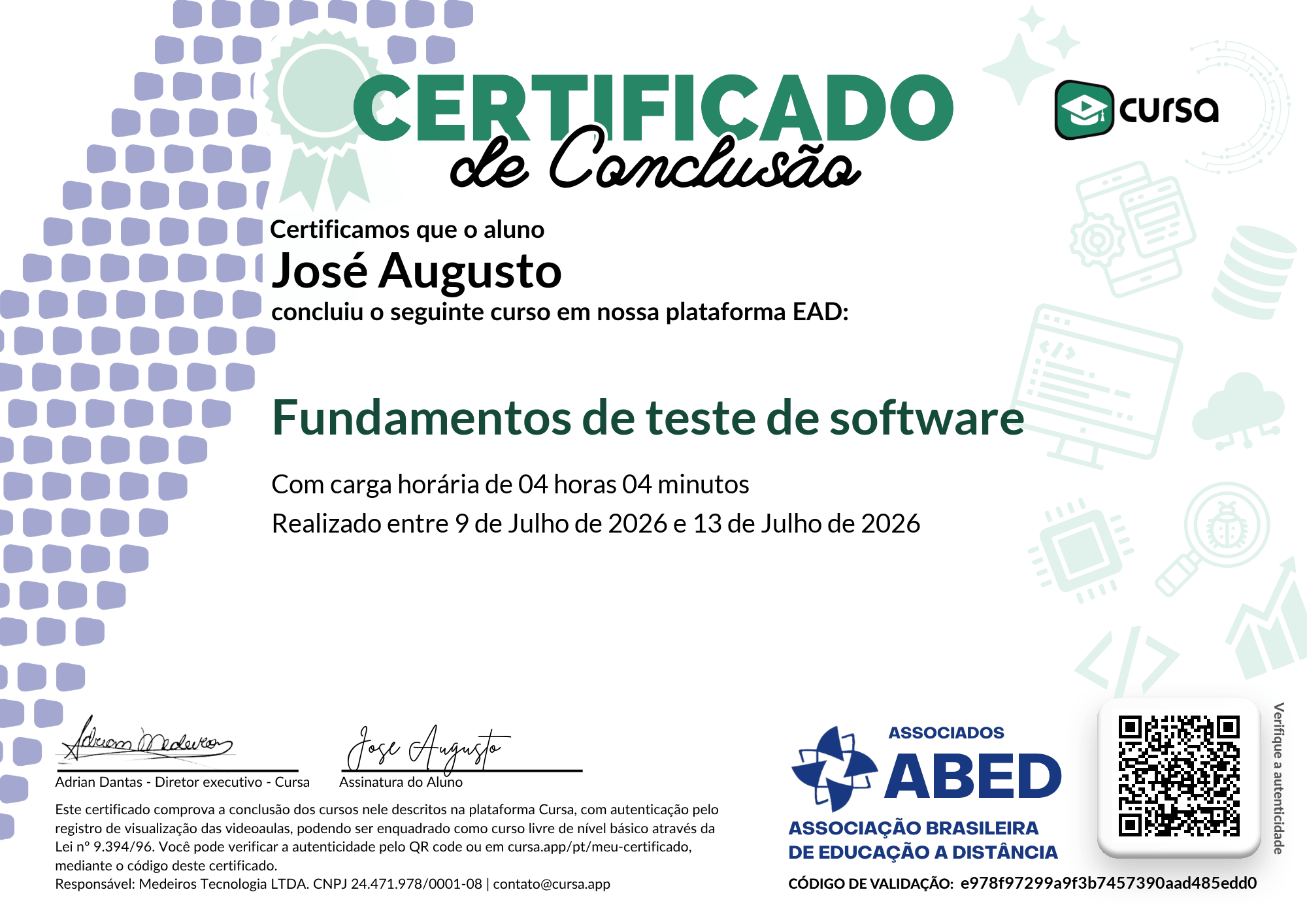 Imagem do meu Certificado gratuito de conclusão de curso.