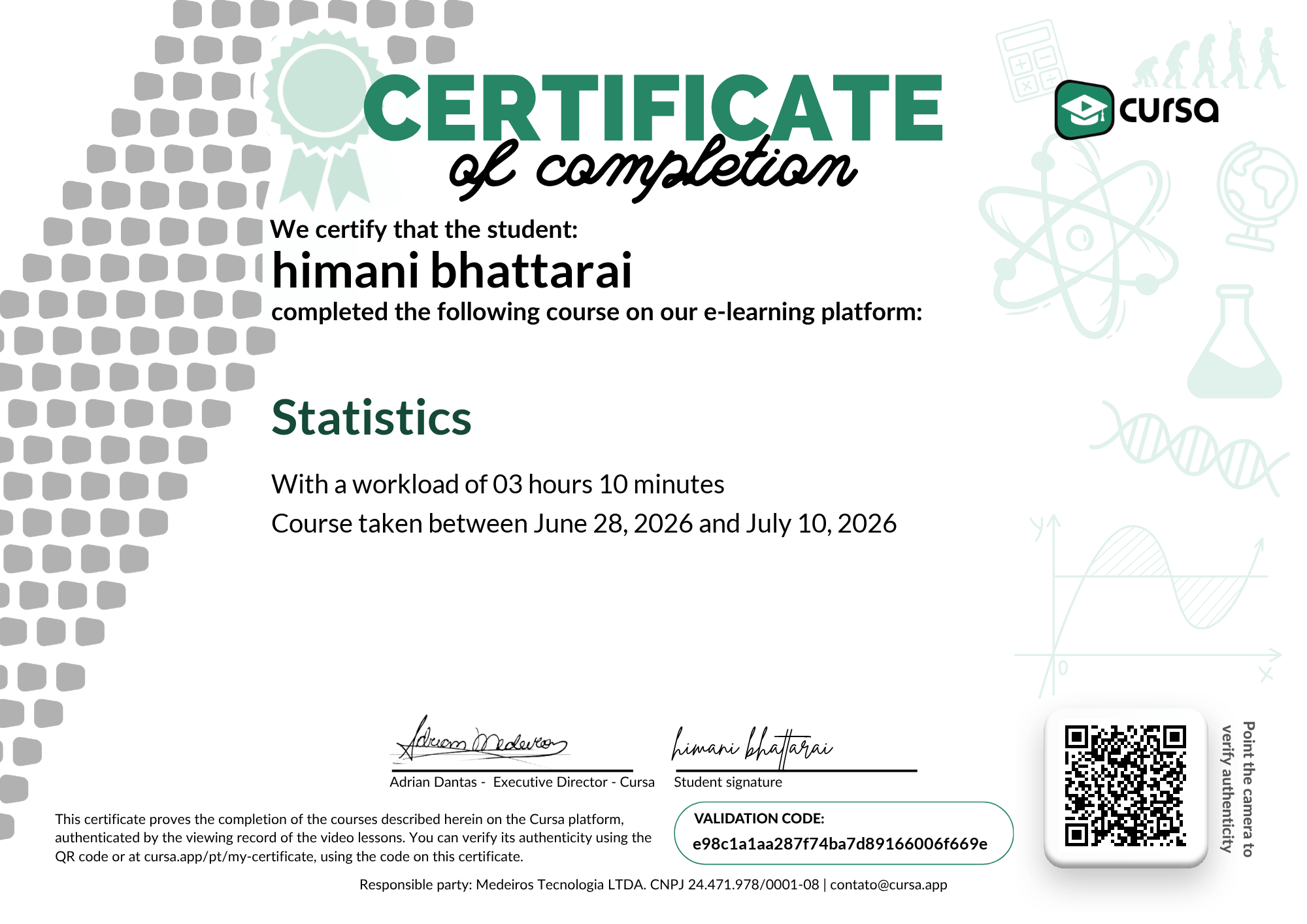 Image of my free Course Completion Certificate.
