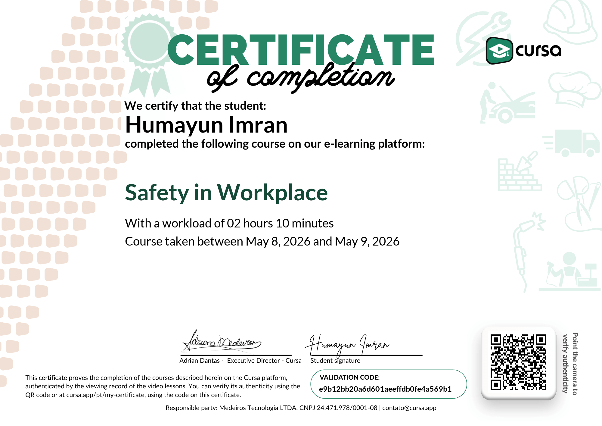 Image of my free Course Completion Certificate.
