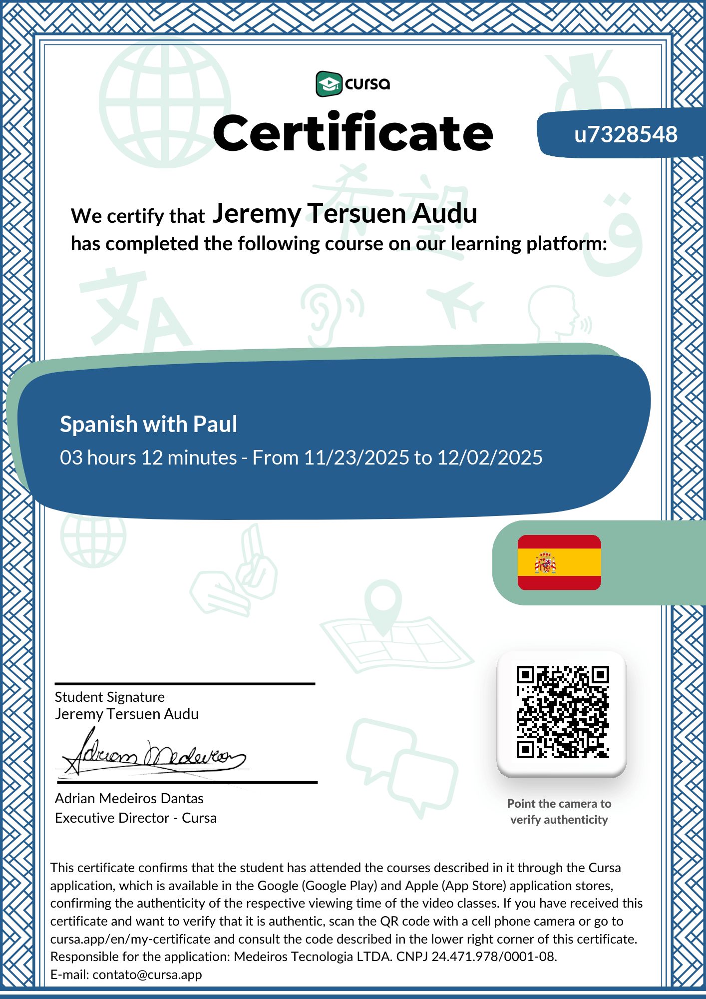 Image of my free Course Completion Certificate.