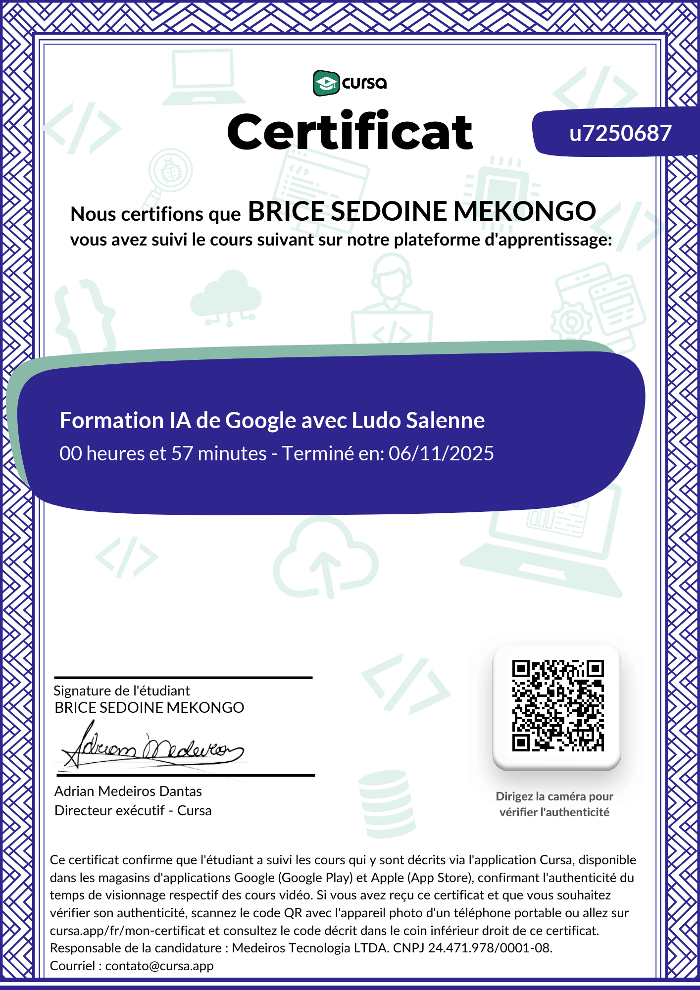 Image de mon certificat de fin de cours gratuit.