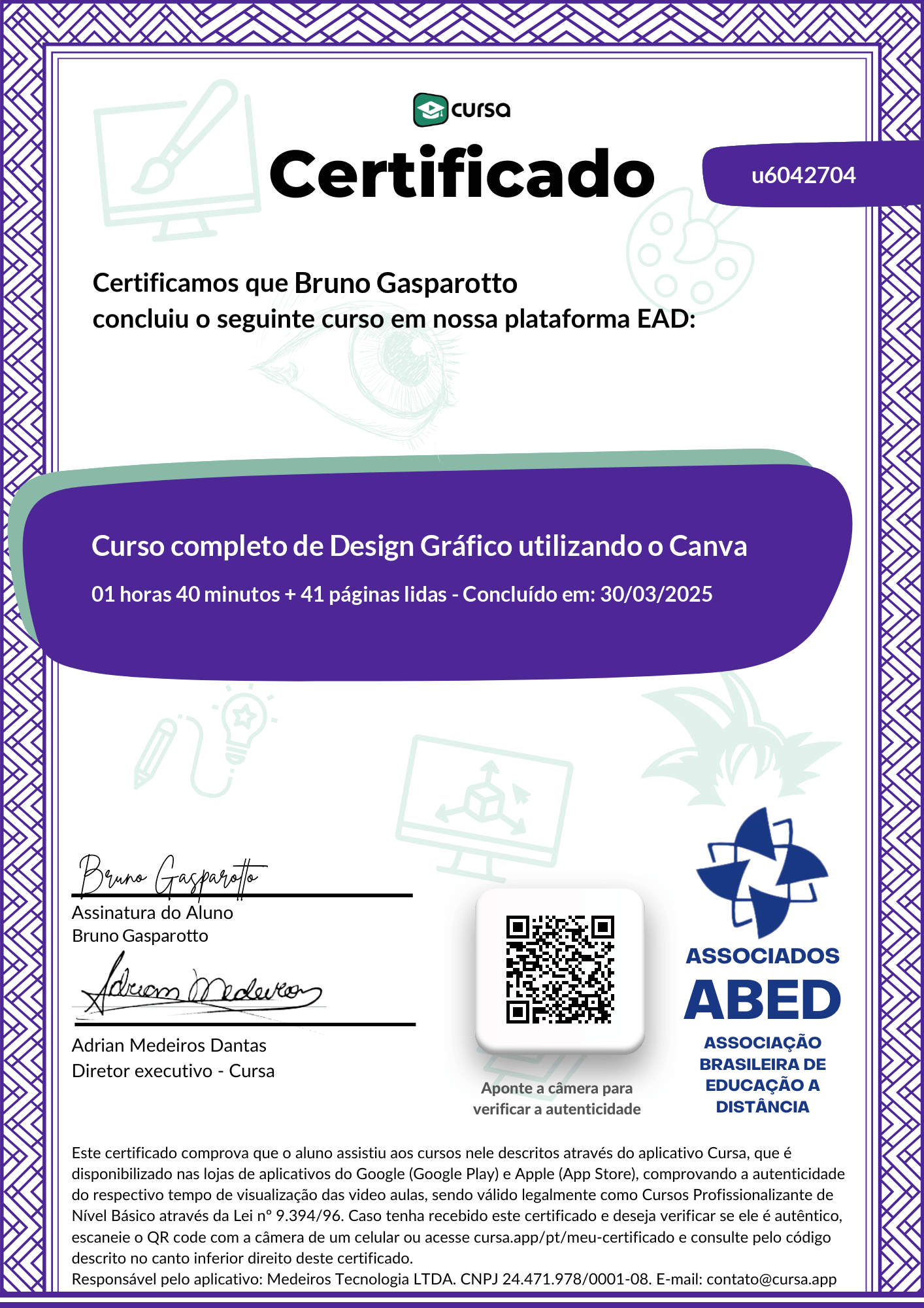 Imagem do meu Certificado gratuito de conclusão de curso.