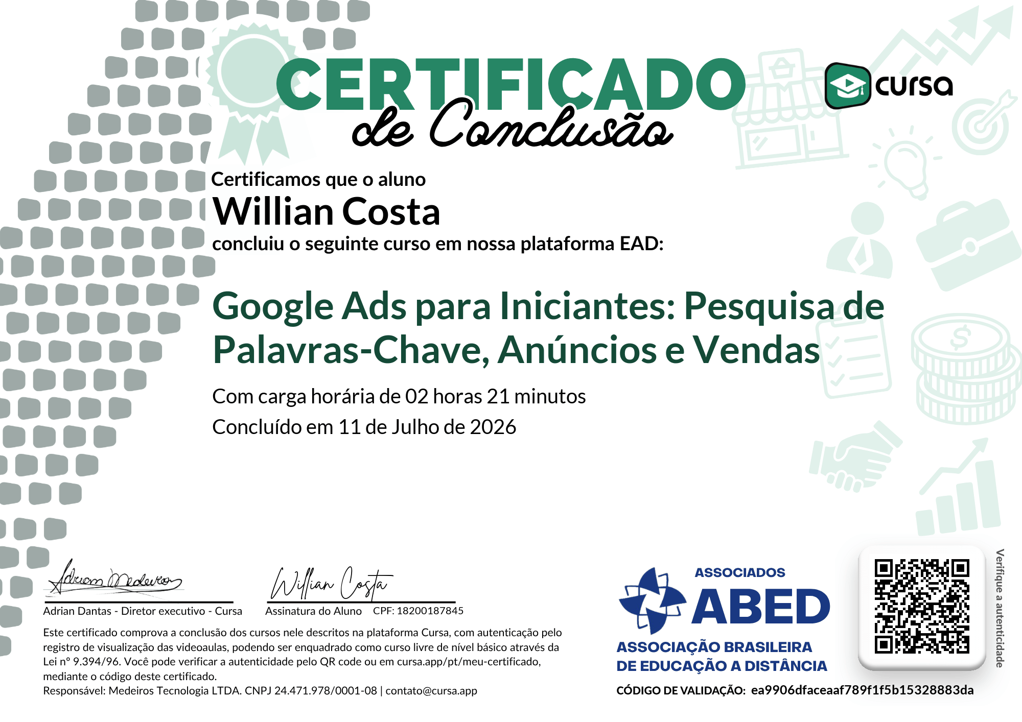 Imagem do meu Certificado gratuito de conclusão de curso.