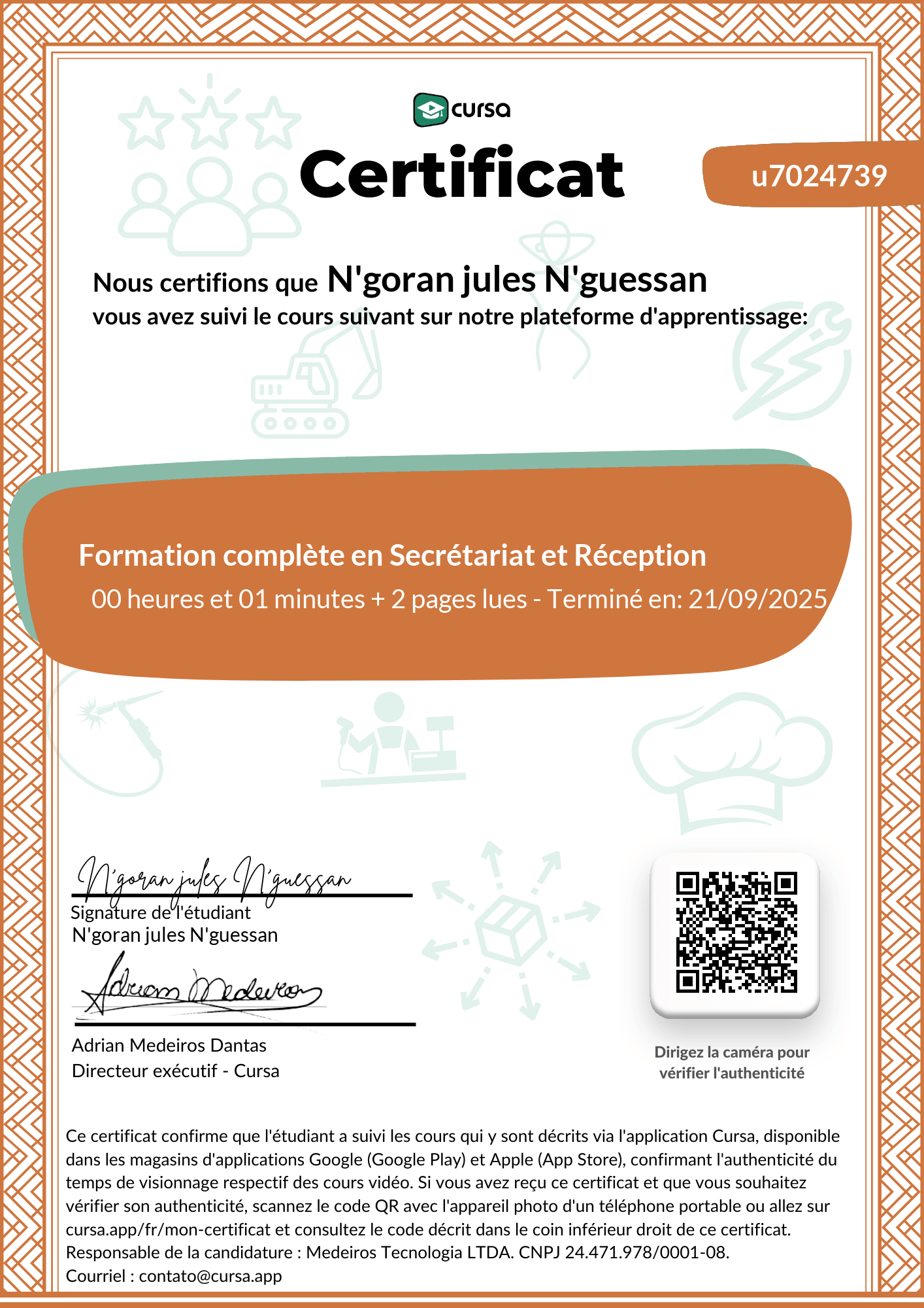 Image de mon certificat de fin de cours gratuit.