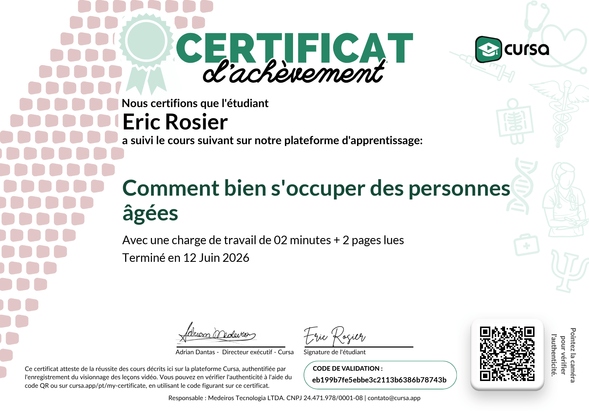 Image de mon certificat de fin de cours gratuit.